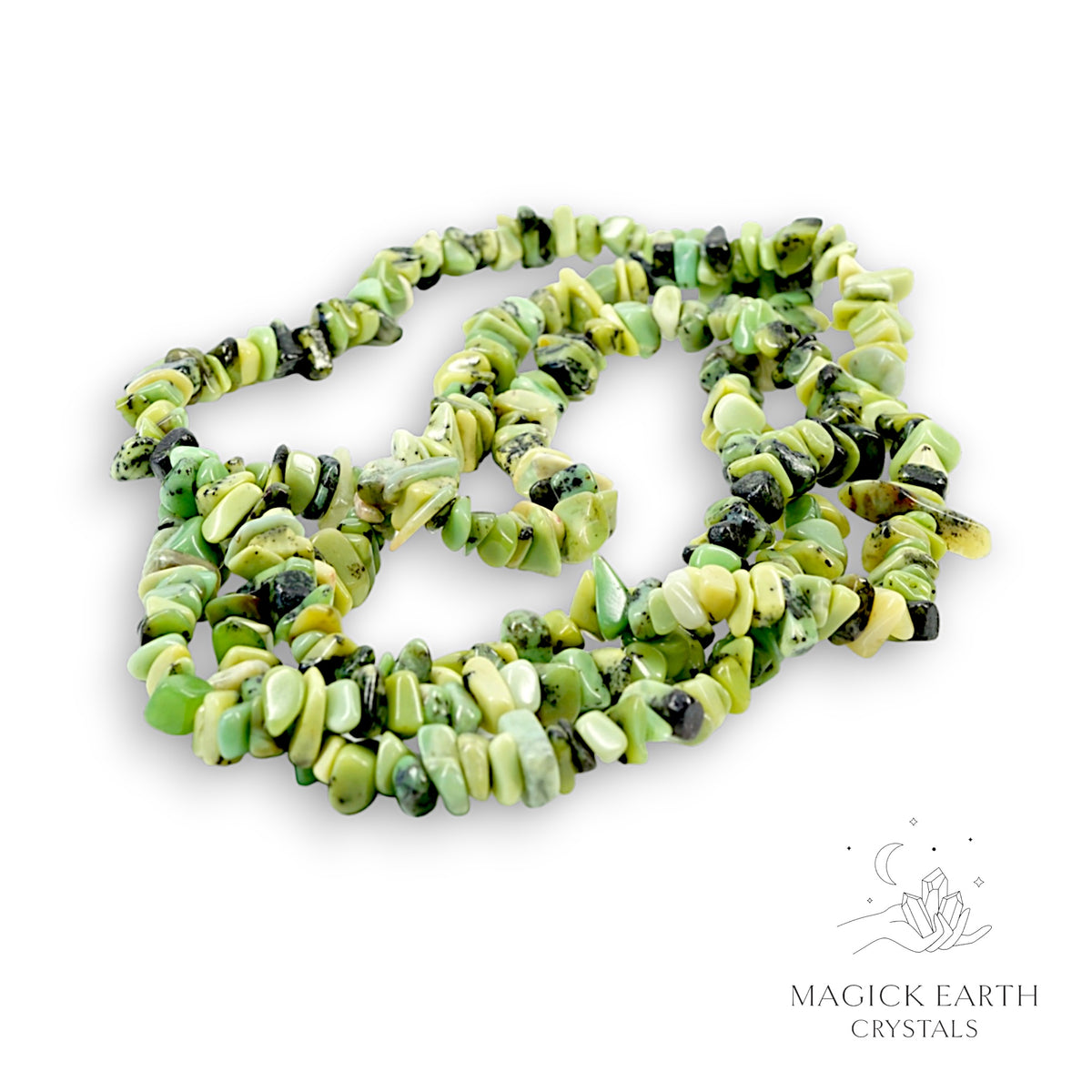Natural Chrysoprase drilled crystal chip strand view a