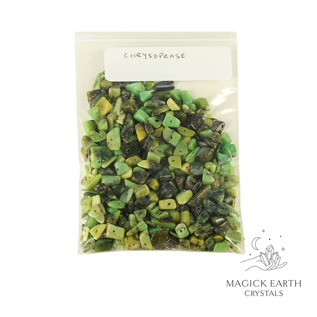 Natural Chrysoprase drilled crystal chips 55g bag view b