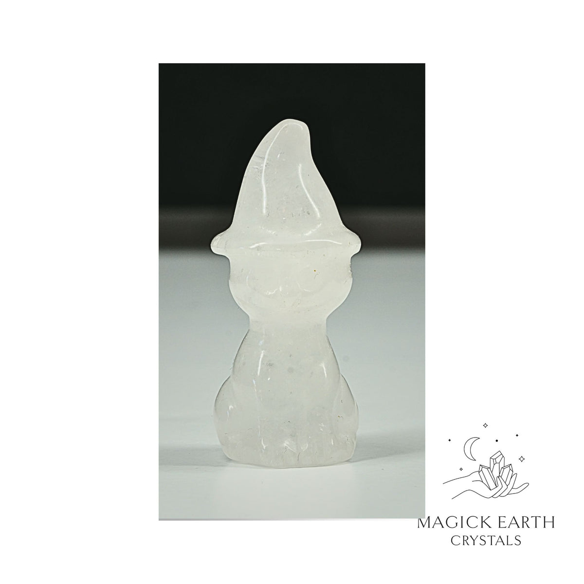 Natural Clear Quartz crystal cat figurine with witch hat
