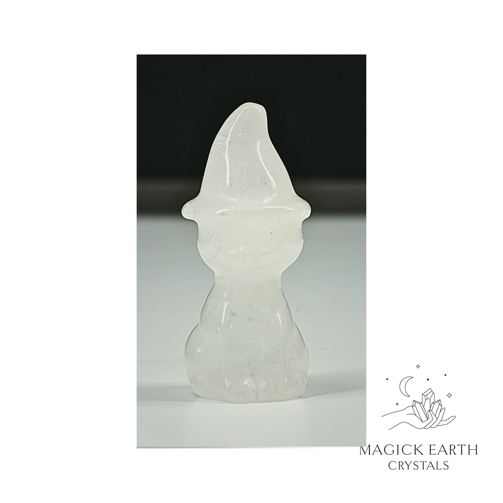 Natural Clear Quartz crystal cat figurine with witch hat