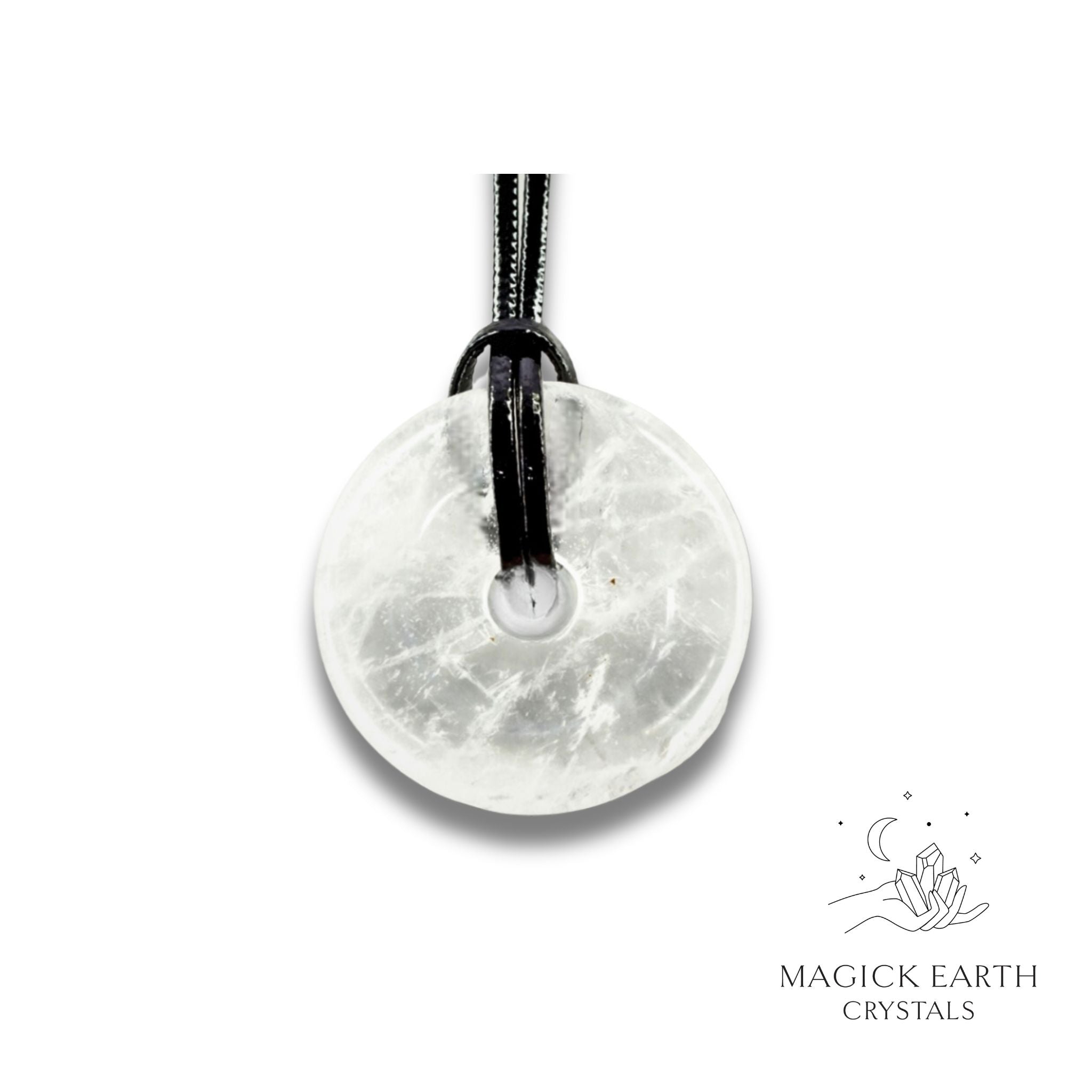 Natural 30mm clear quartz donut pendant hanging from a black vegan cord.