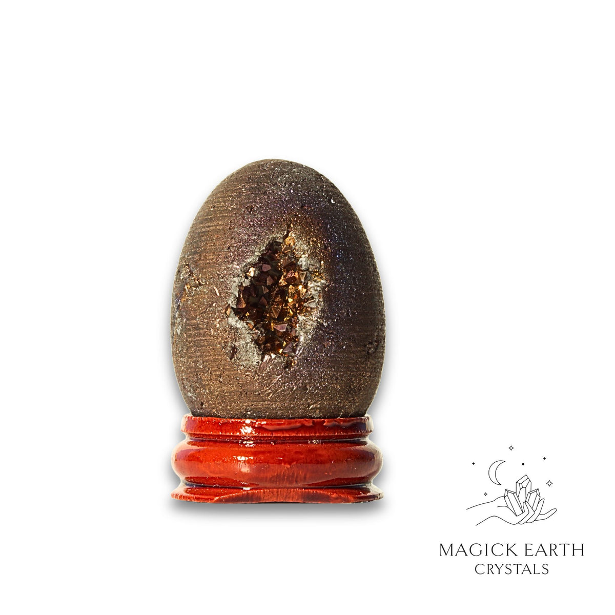 Copper Electroplated Druzy Egg  Vertical View A With Stand for Amplified Insight