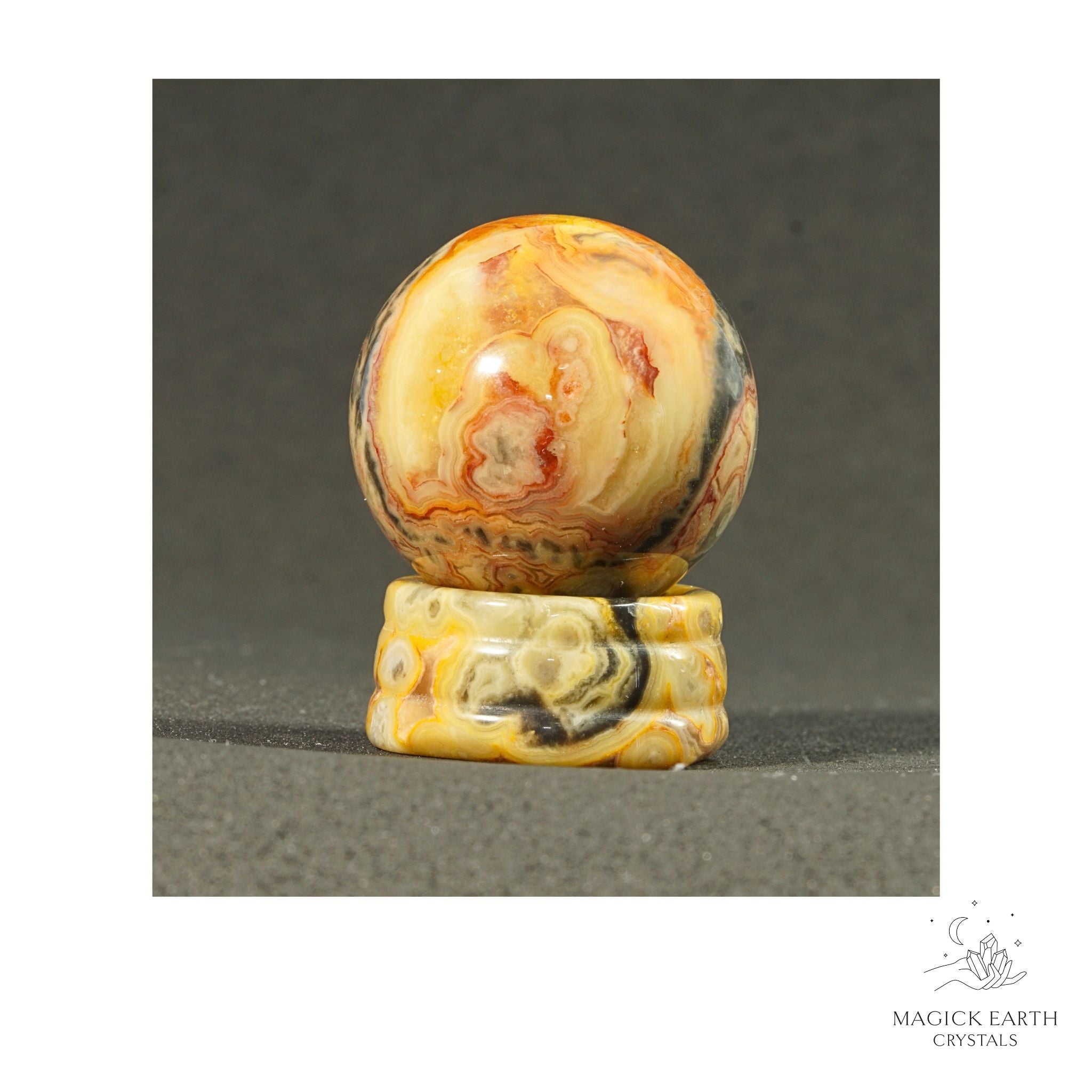 Natural Crazy Agate crystal sphere with crazy agate stand view a