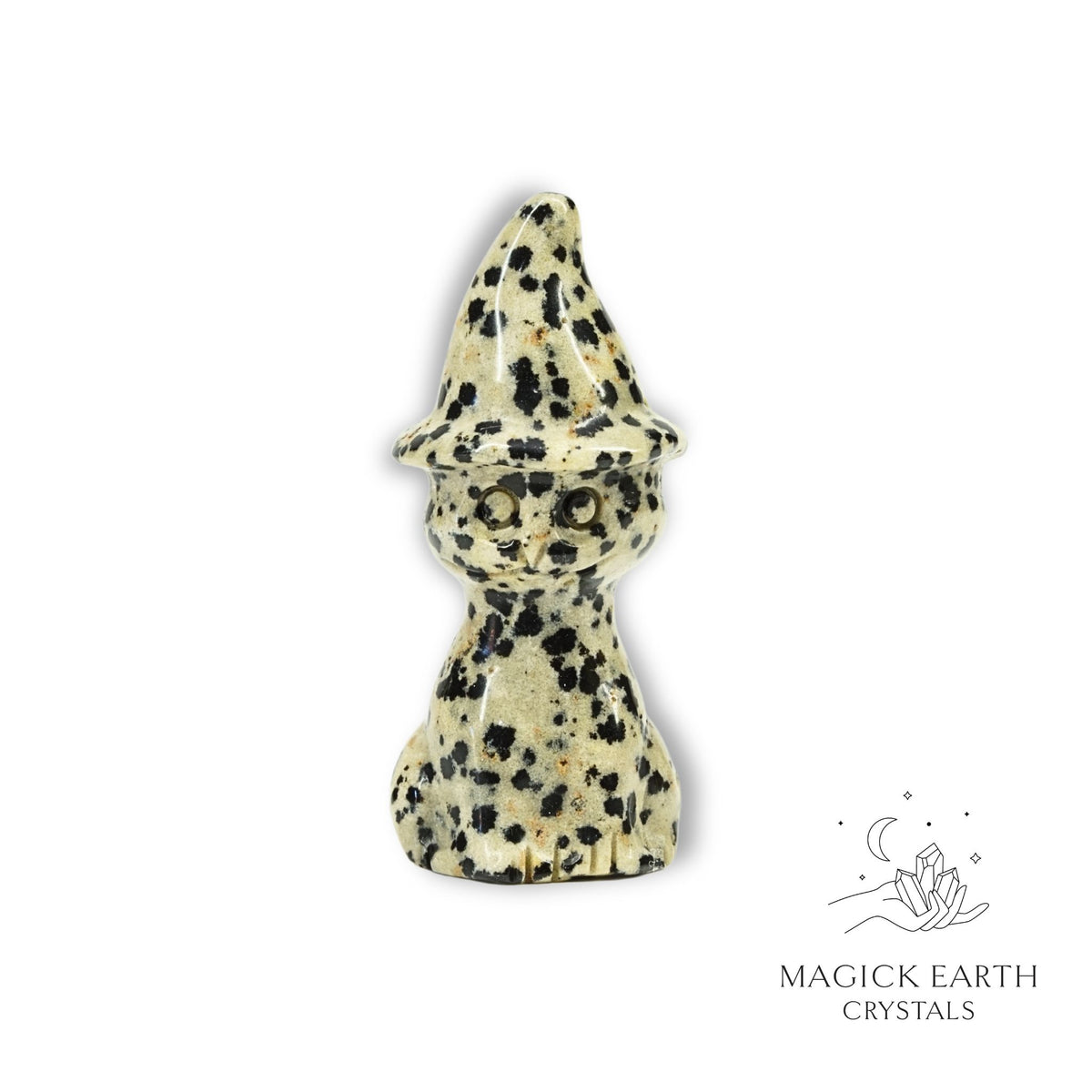 Natural Dalmatian Jasper crystal cat figurine with witch hat