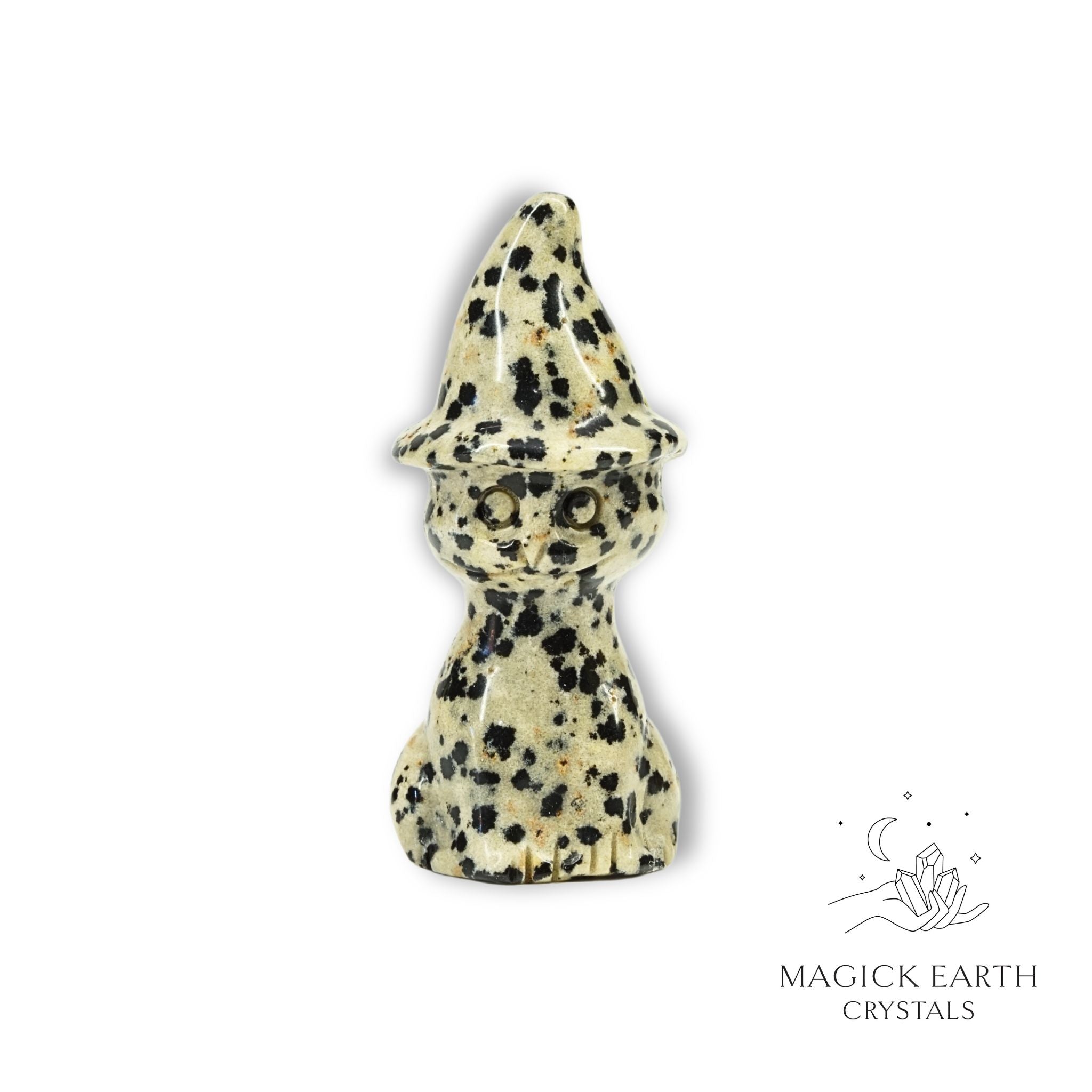 Natural Dalmatian Jasper crystal cat figurine with witch hat