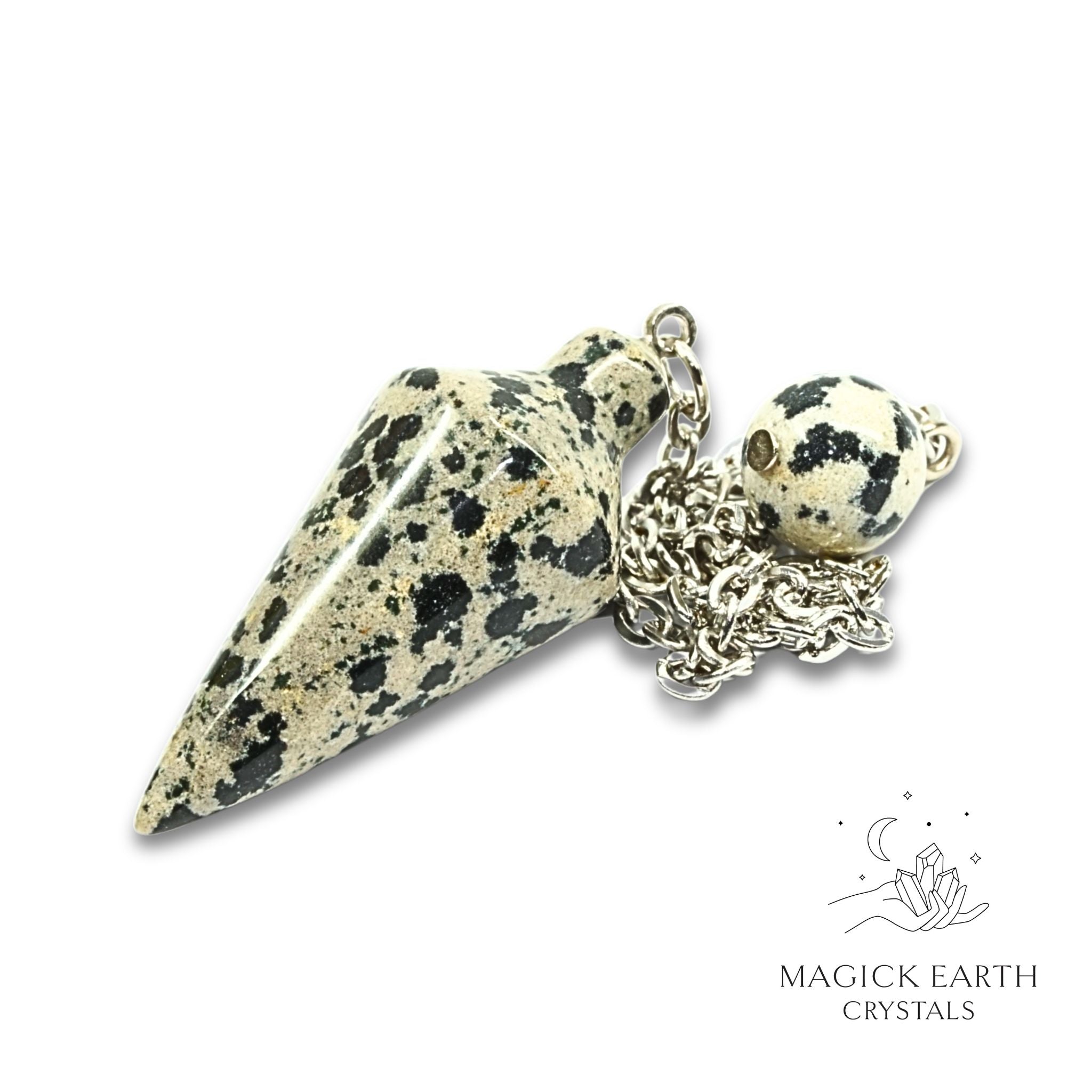 Natural Dalmatian Jasper spire crystal pendulum view a