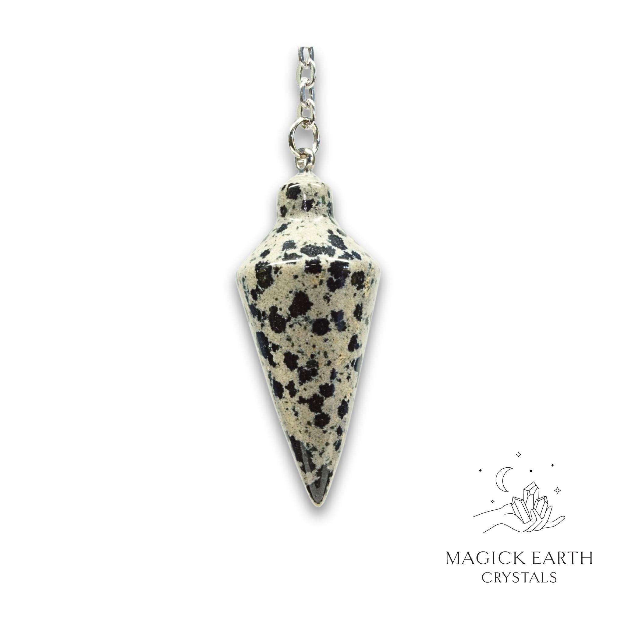 Natural Dalmatian Jasper spire crystal pendulum view b
