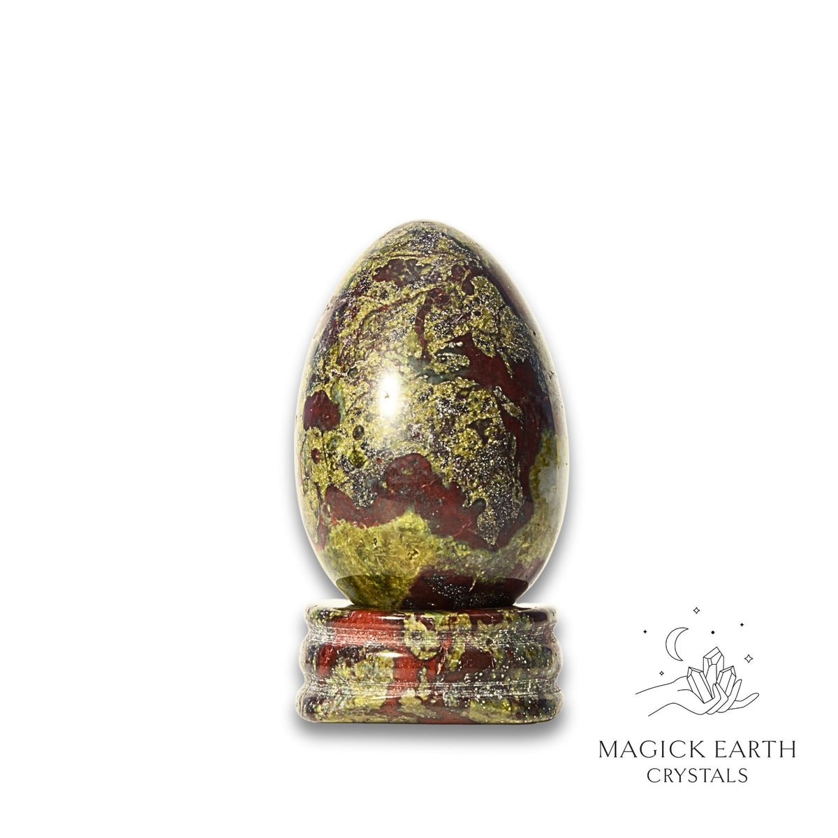 Dragons Blood Jasper Crystal Egg With Stand Vertical View B for Gentle Strength