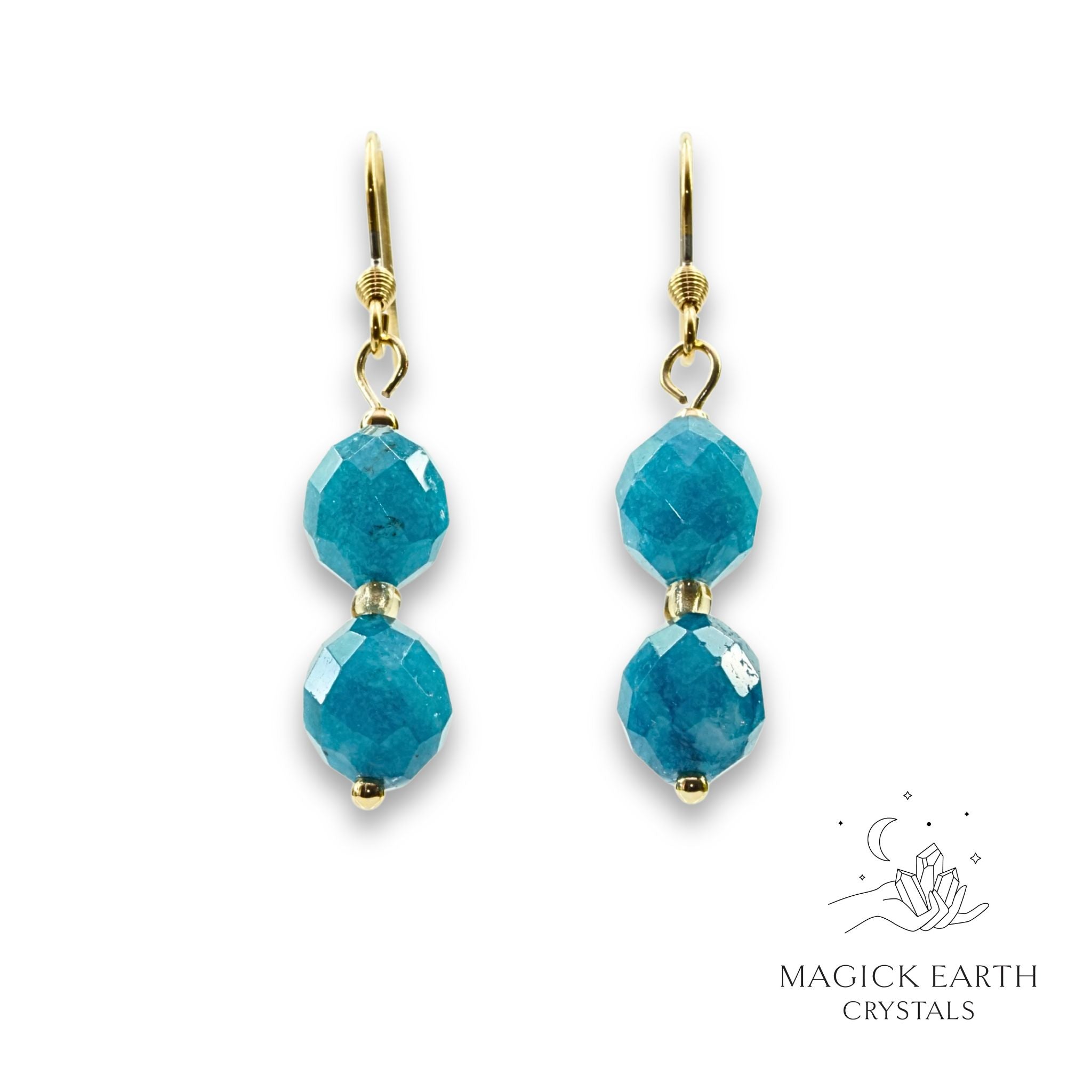 Deep Teal dyed quartzite earrings with faceted oval beads and gold finish view a