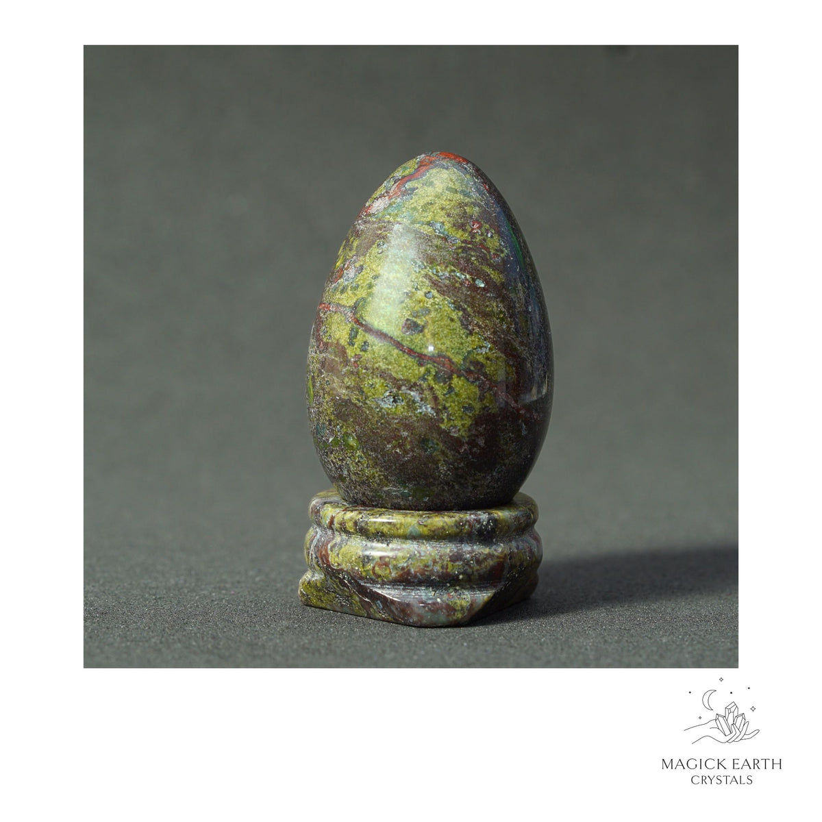 Natural Dragon's Blood Jasper crystal egg with matching stand view a