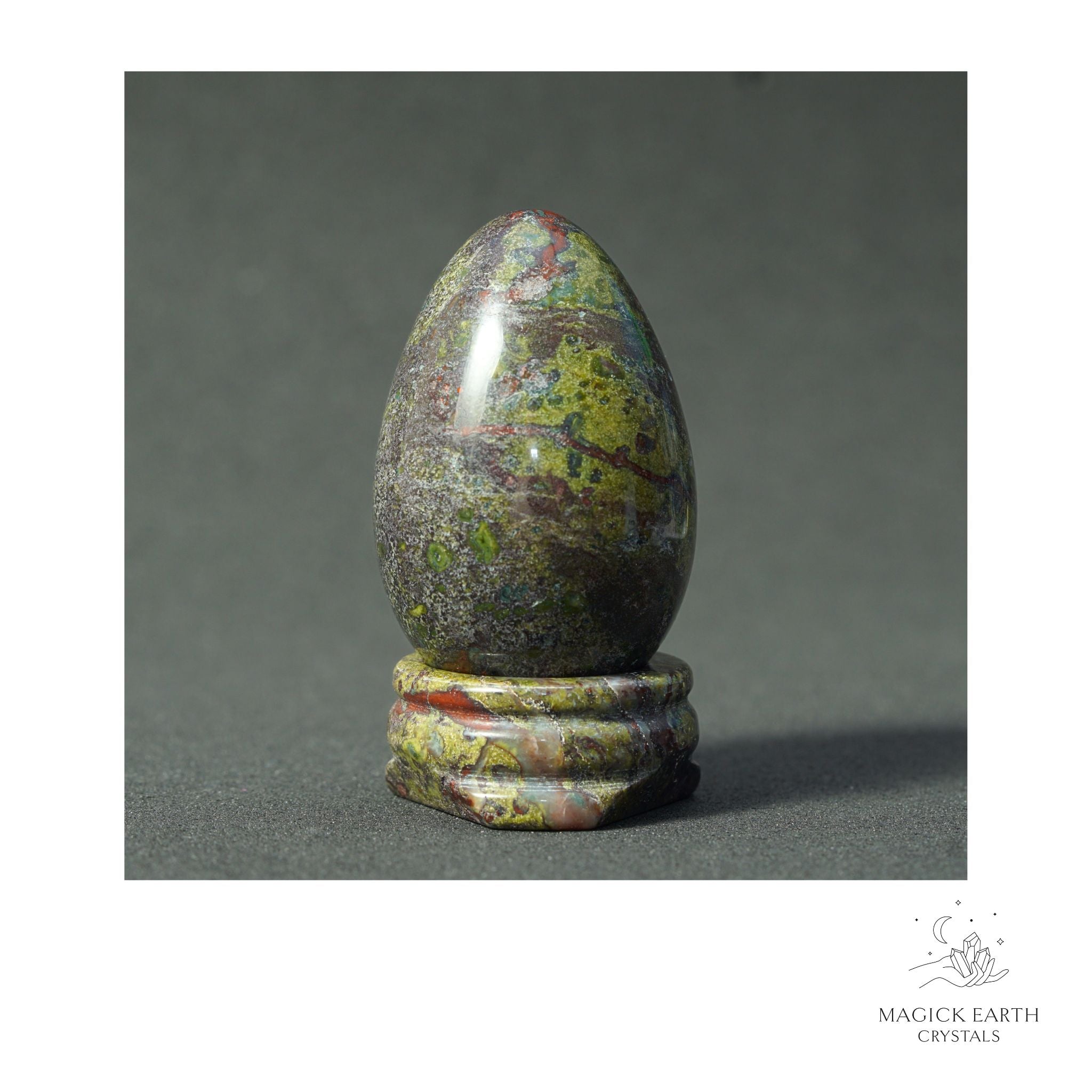 Natural Dragon's Blood Jasper crystal egg with matching stand view b
