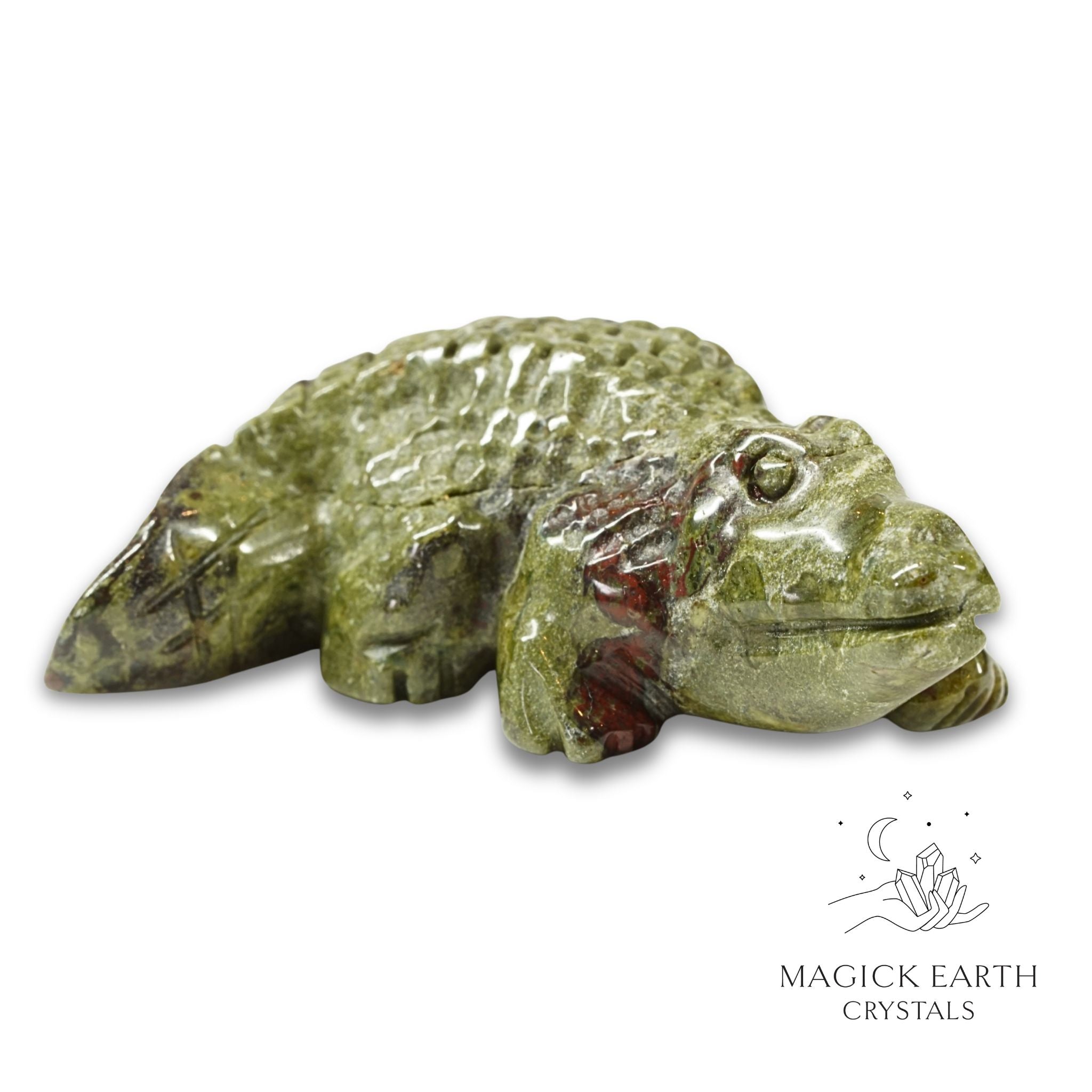 Natural Dragons Blood Jasper Crystal crocodile figurine front view