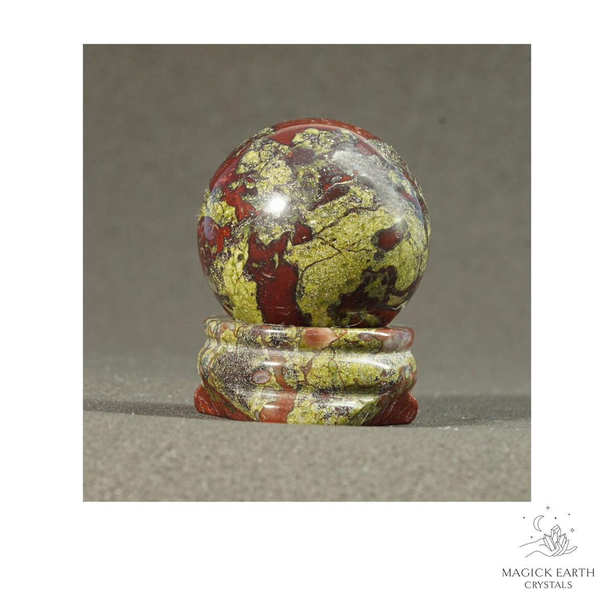 Natural Dragons Blood Jasper crystal sphere with Dragons Blood Jasper Stand view a