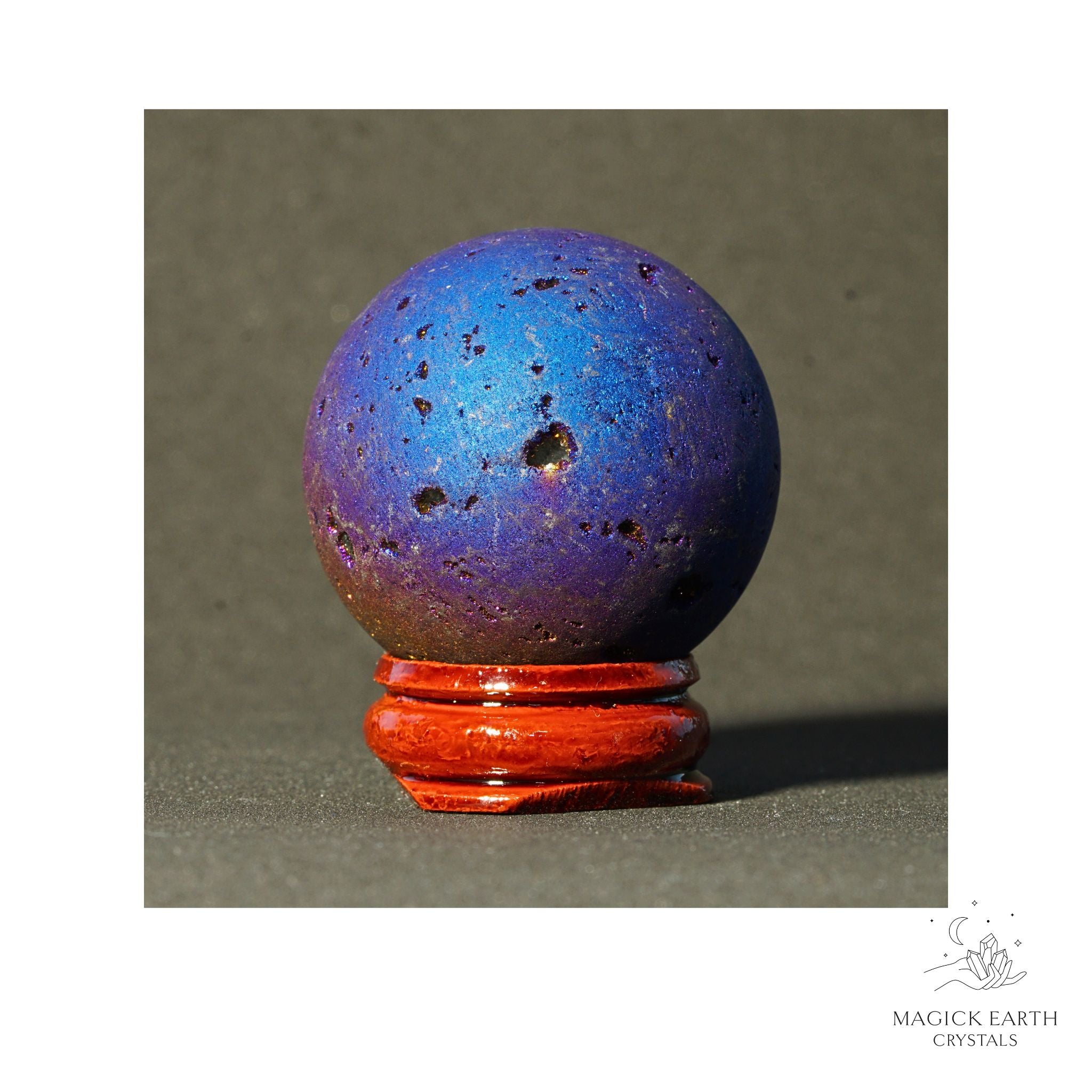 Electroplated Quartz Druzy crystal sphere, blue finish view c