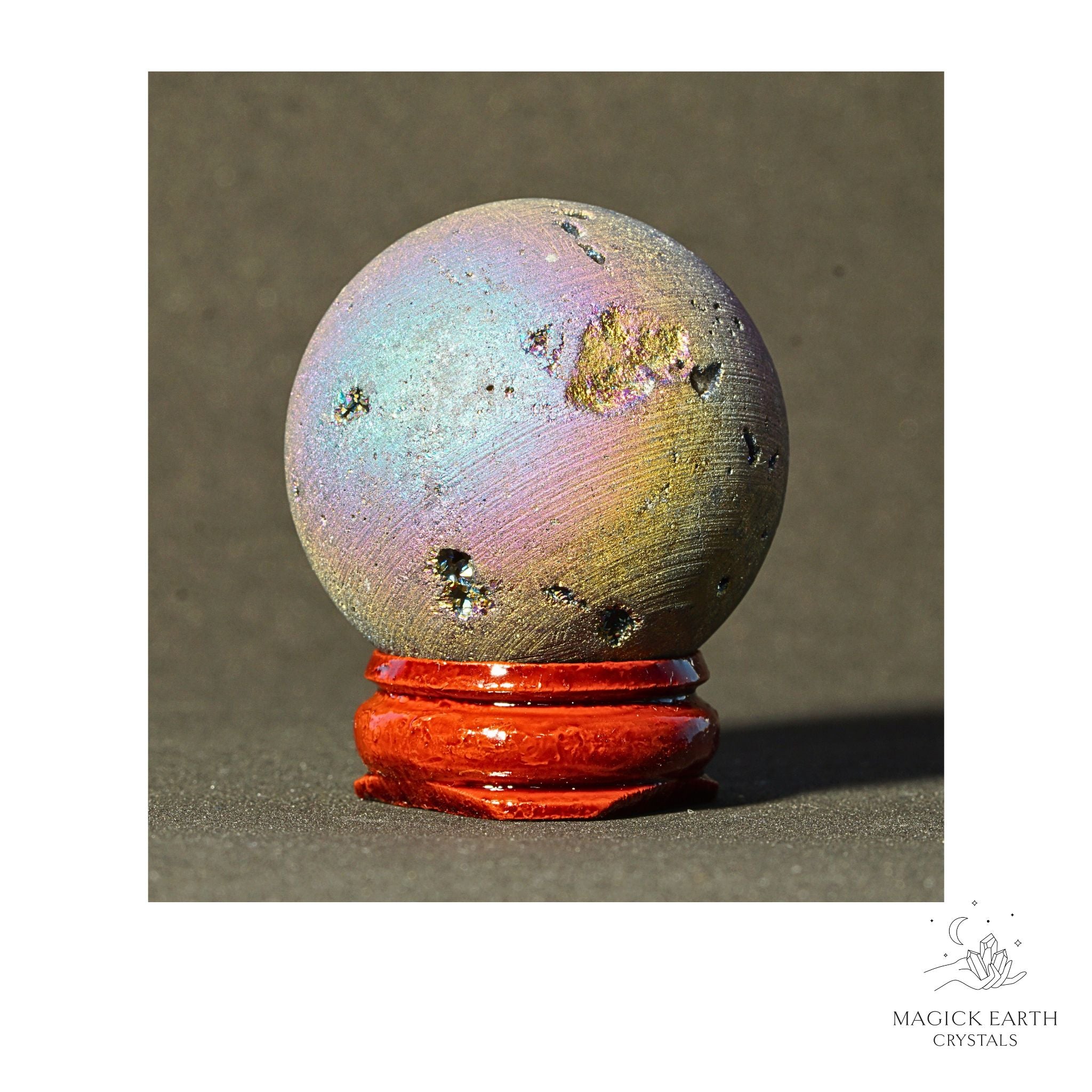 Electroplated Quartz Druzy crystal sphere, rainbow finish view b