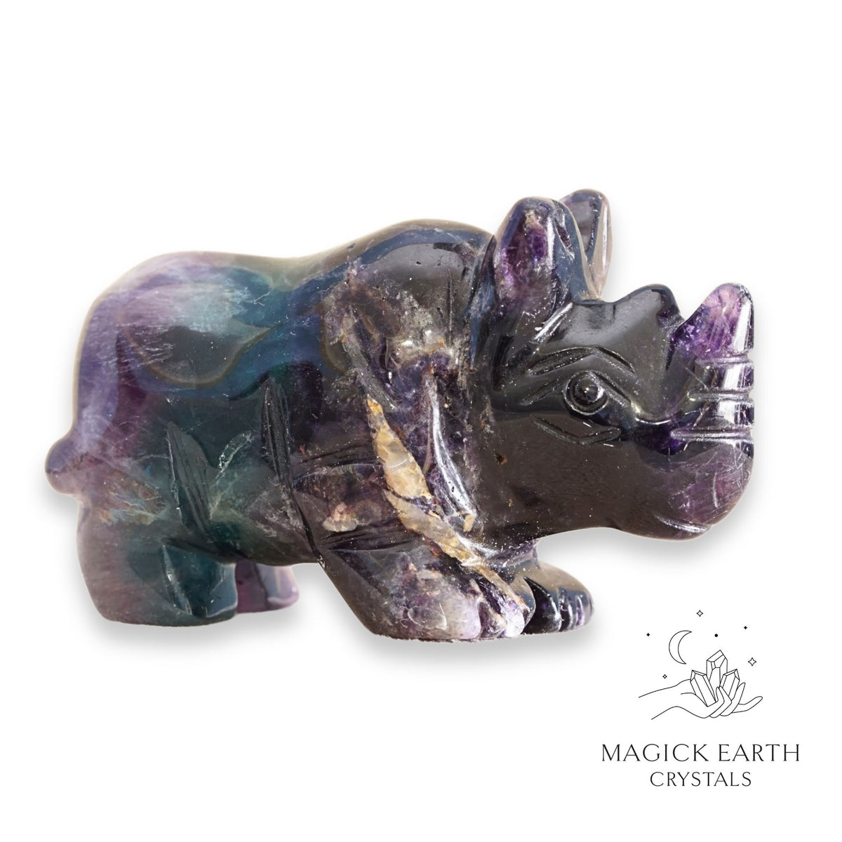 Natural Fluorite crystal rhinoceros figurine right view  