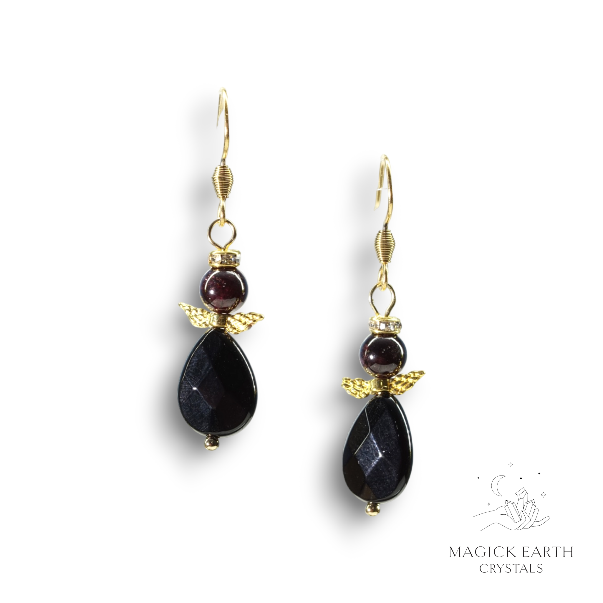 Natural Garnet and Onyx guardian angel crystal earrings view a