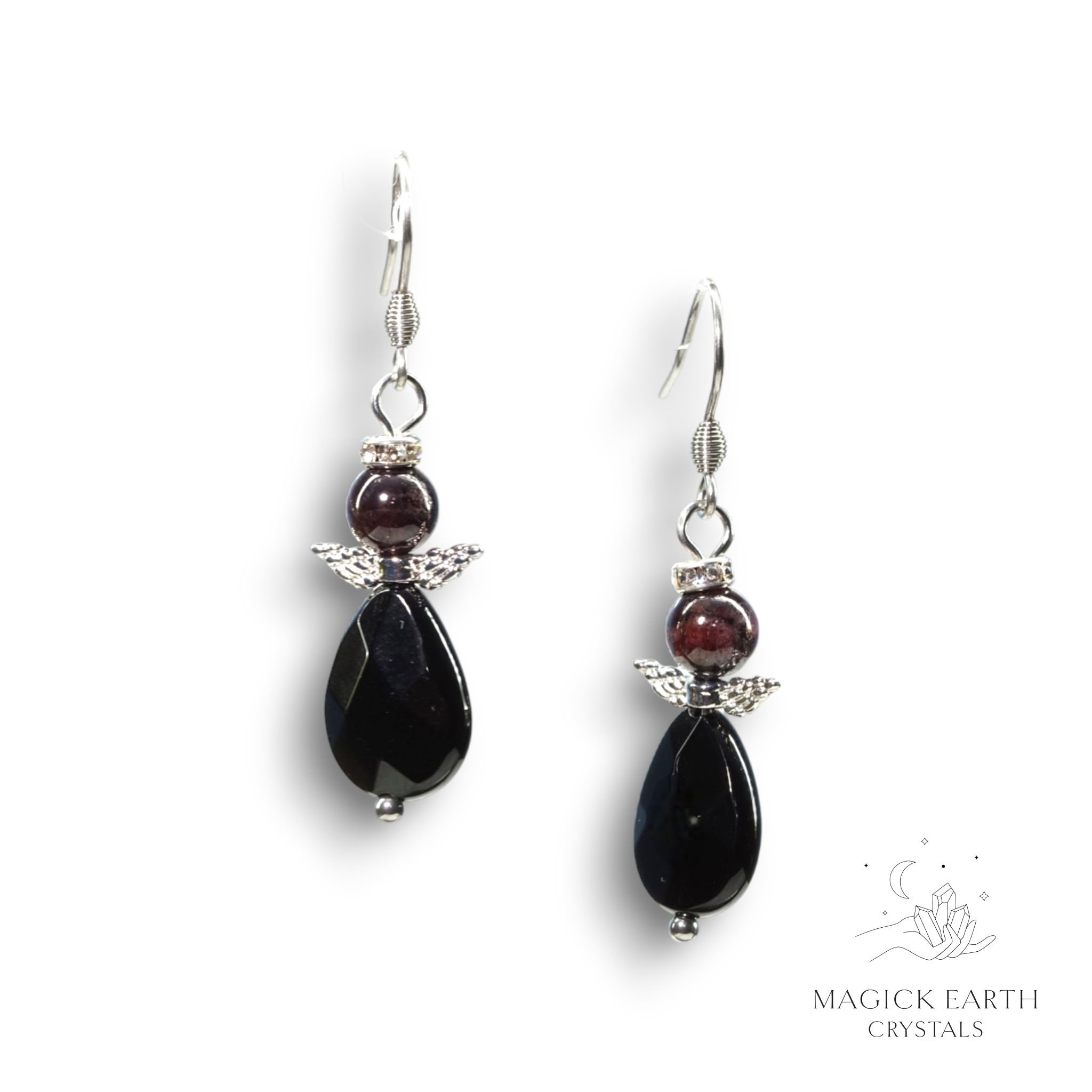 Natural Garnet and Onyx guardian angel crystal earrings view b