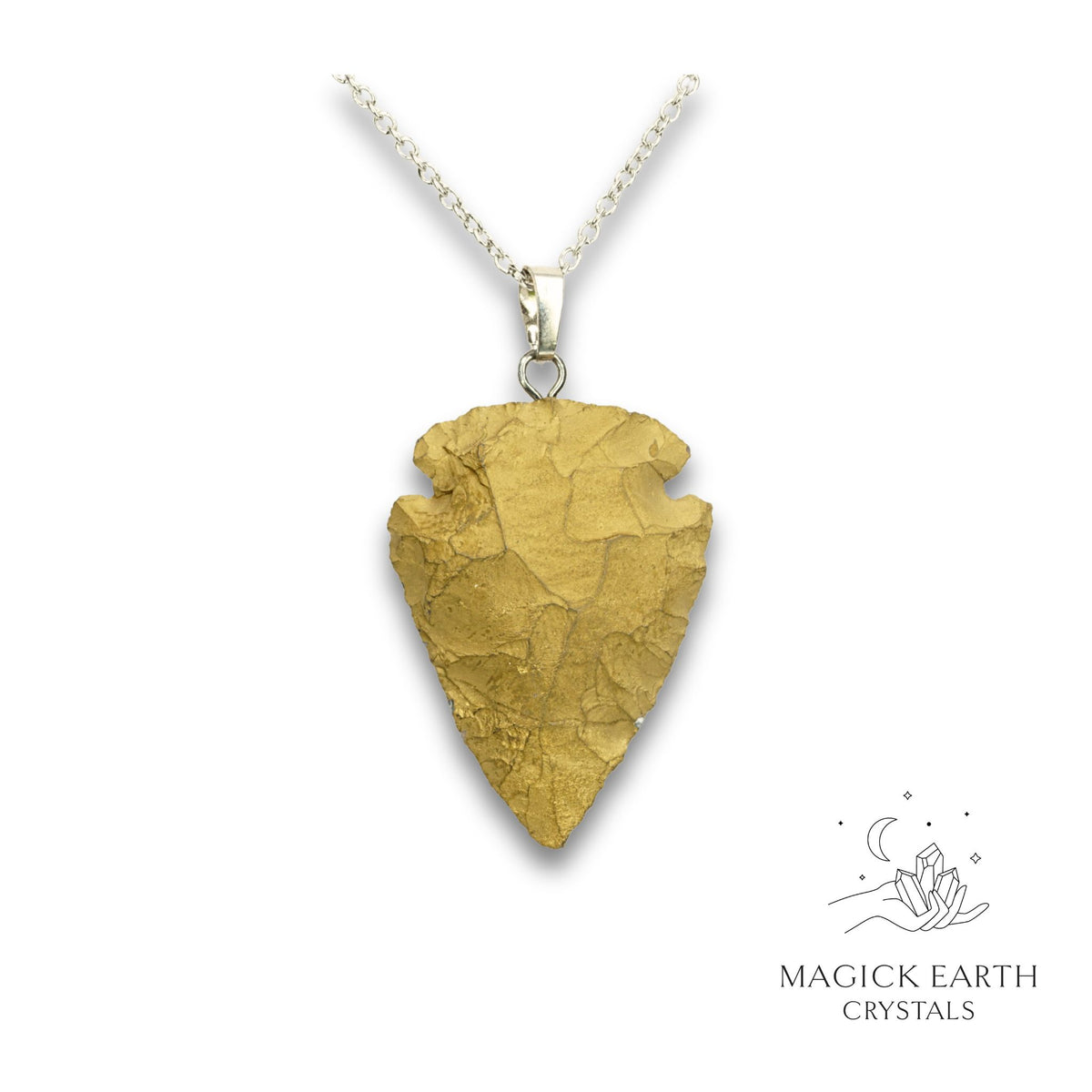 Electroplated Quartz Arrowhead pendant with Gold Colouring and Platinum Finish for Amplified Insight. Front View
