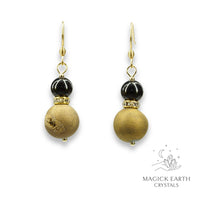 Gold Electroplated Druzy Geode and Obsidian Earrings With Gold FInish