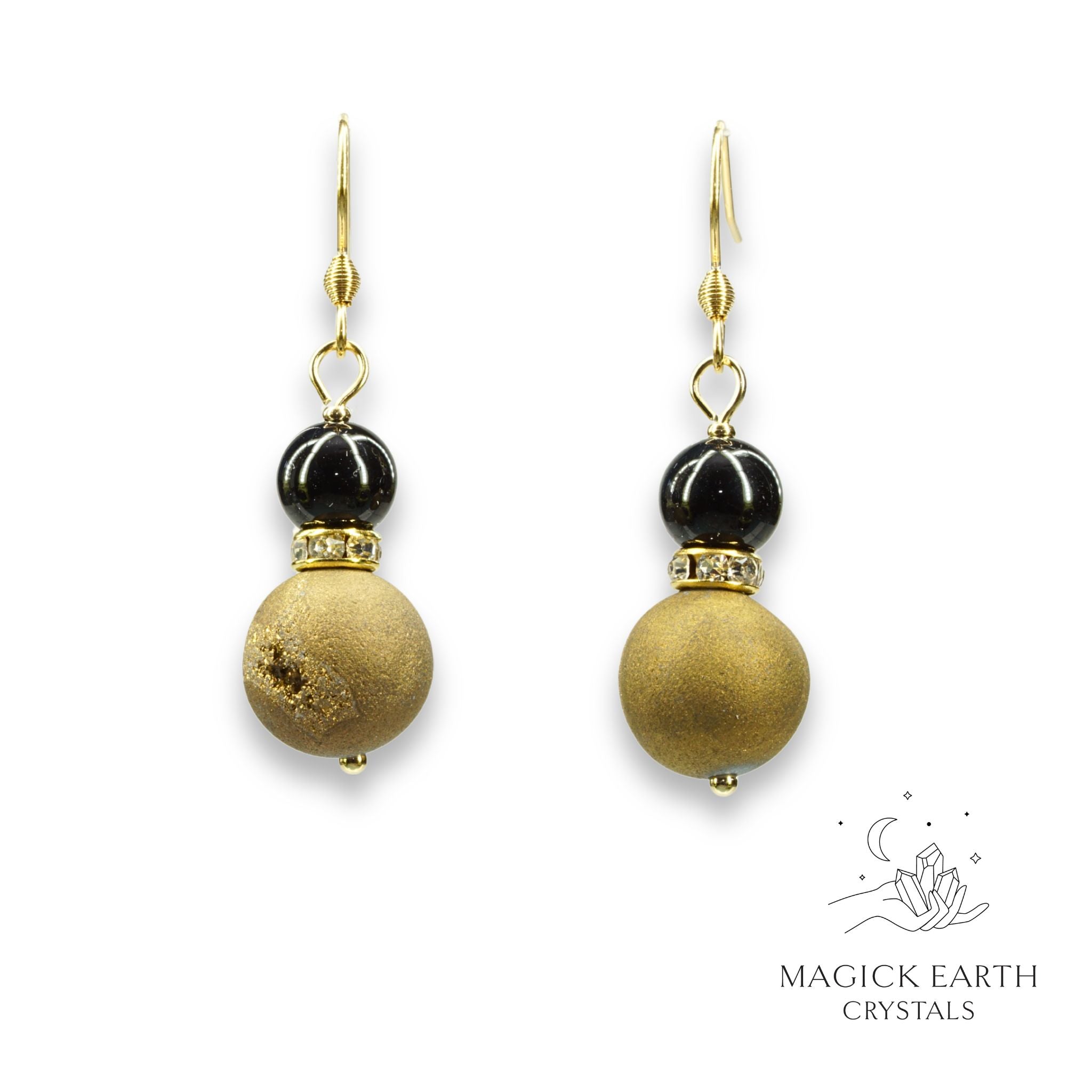 Gold Electroplated Druzy Geode and Obsidian Earrings With Gold FInish