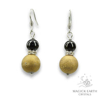 Gold Electroplated Druzy Geode and Obsidian Earrings With Platinum Finish