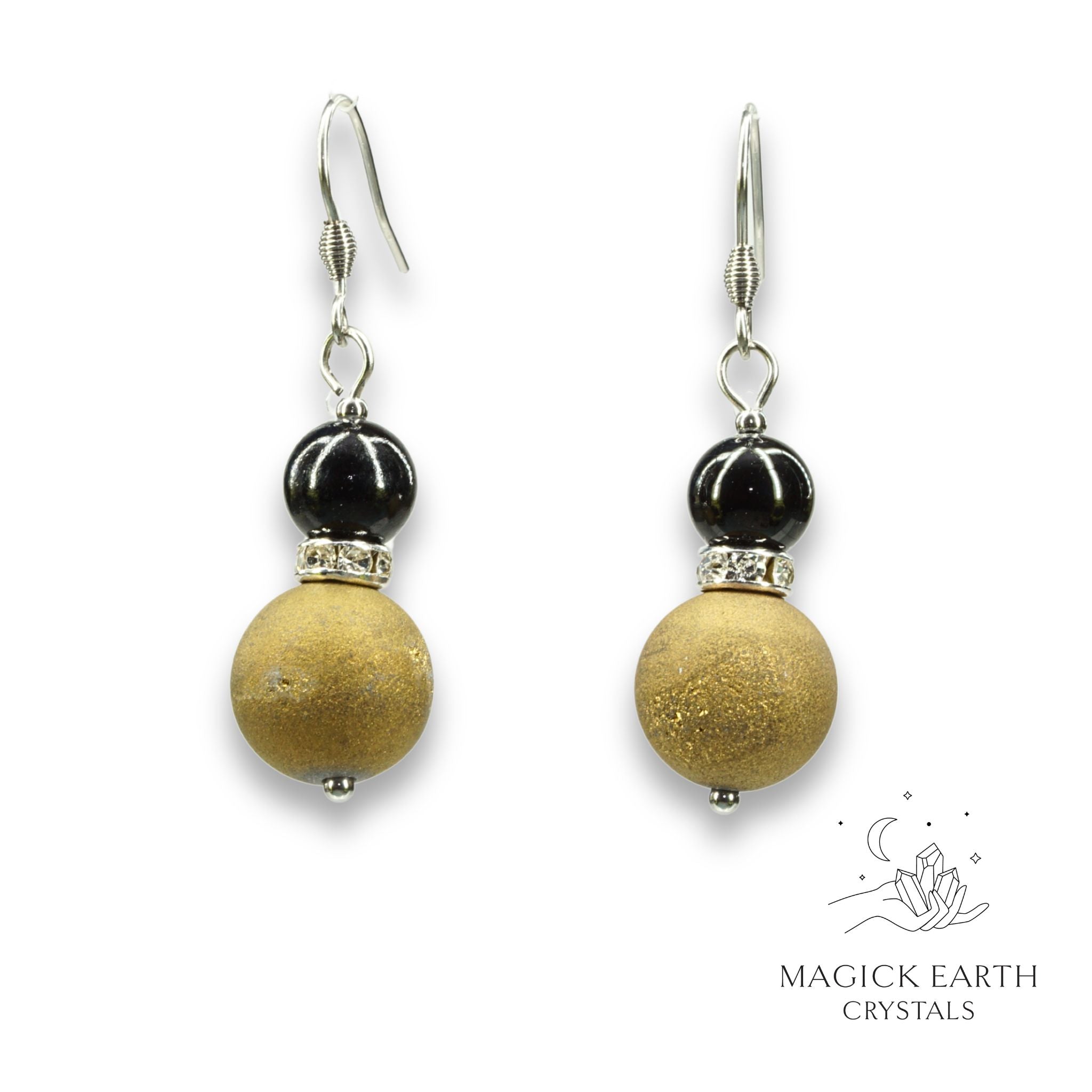 Gold Electroplated Druzy Geode and Obsidian Earrings With Platinum Finish