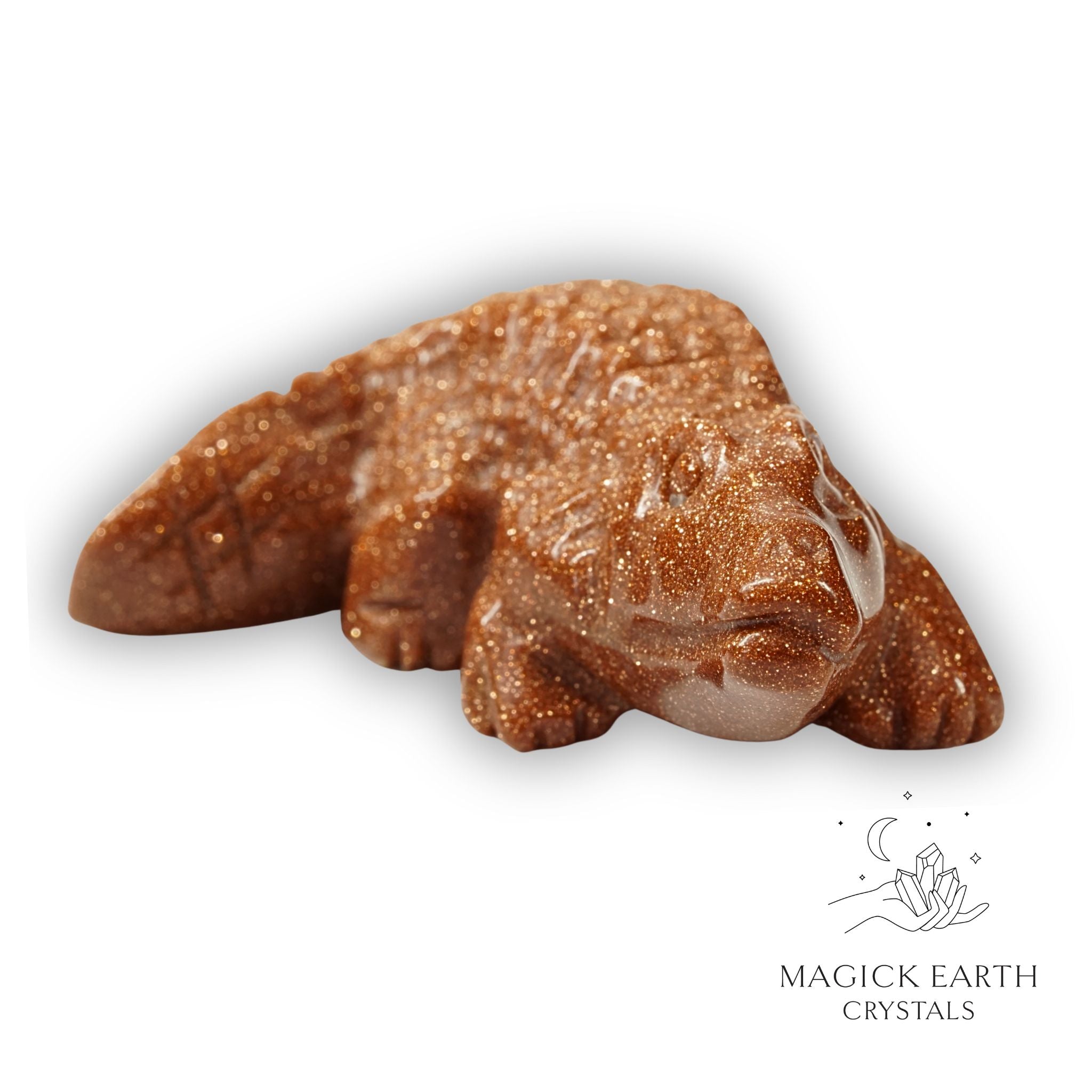 Natural Goldstone crystal crocodile figurine view a