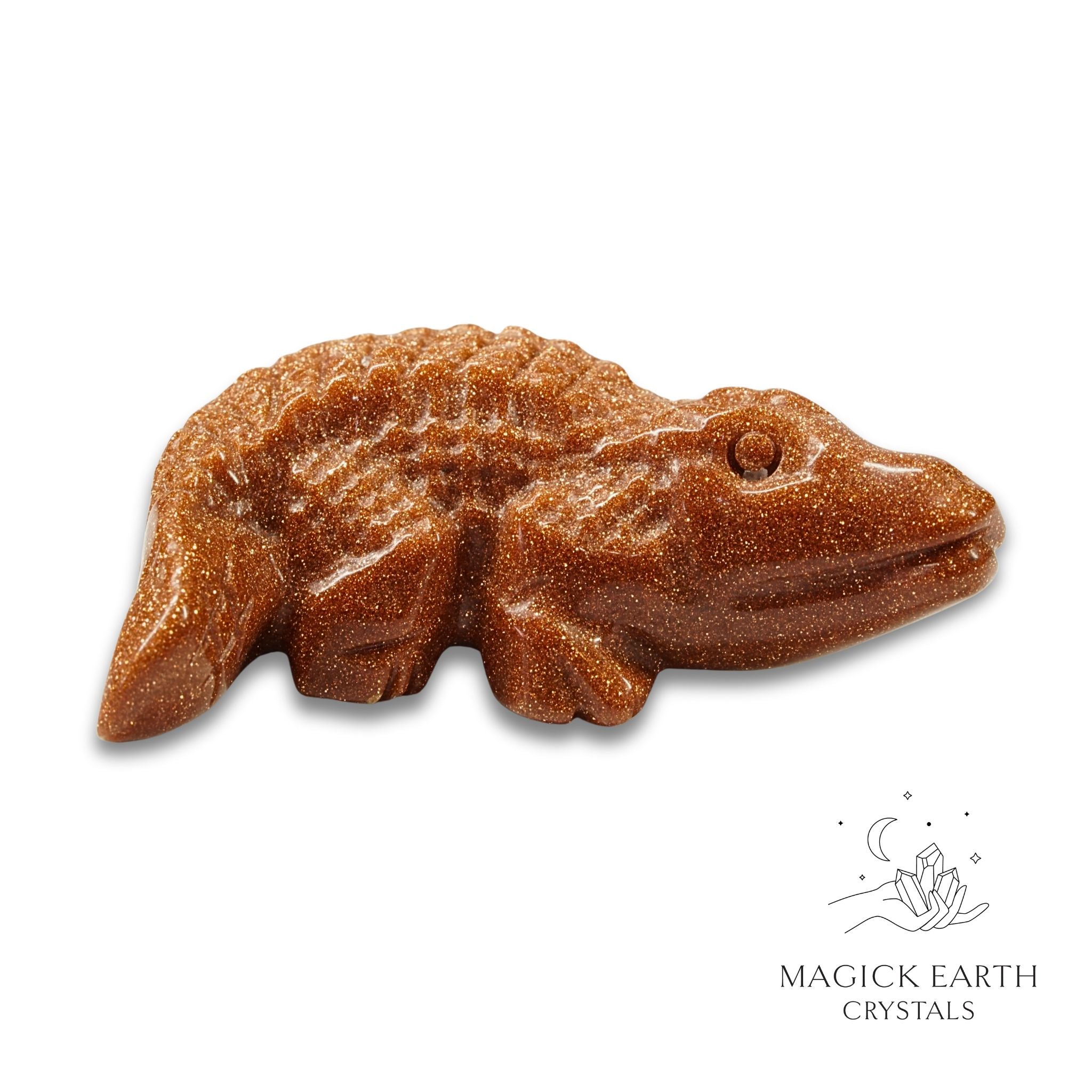Natural Goldstone crystal crocodile figurine view c