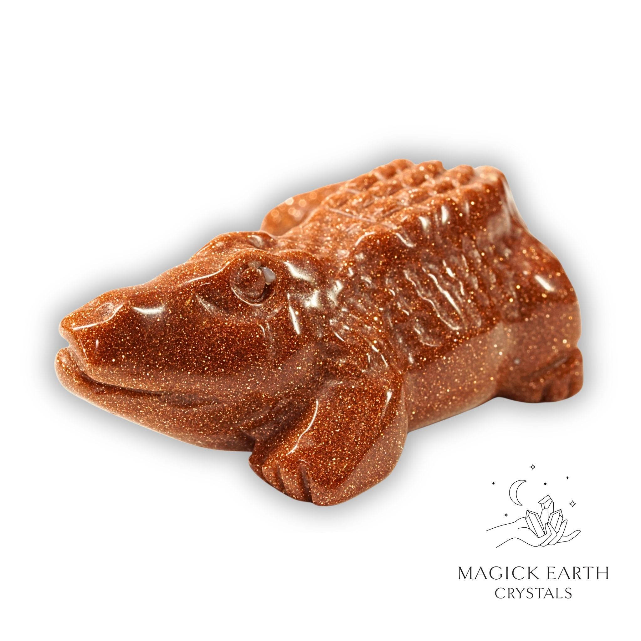 Natural Goldstone crystal crocodile figurine left view