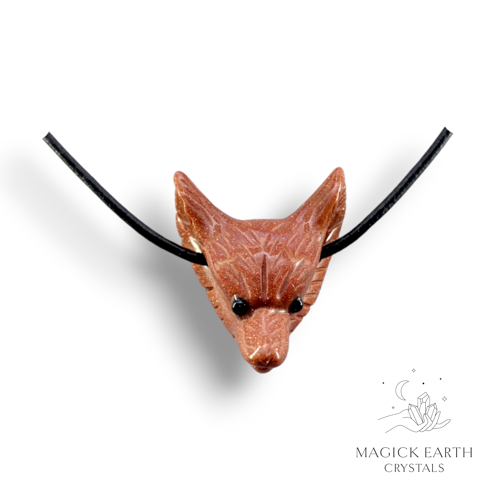 Natural Goldstone crystal wolf head pendant with adjustable black leather cord