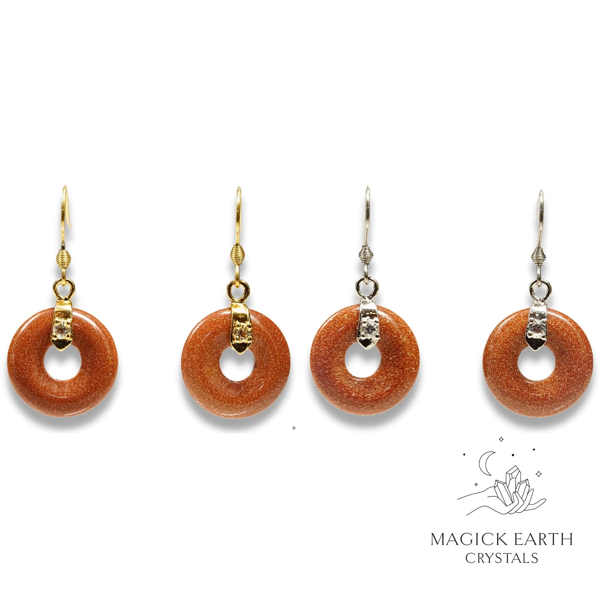 Natural Goldstone crystal donut earrings view c