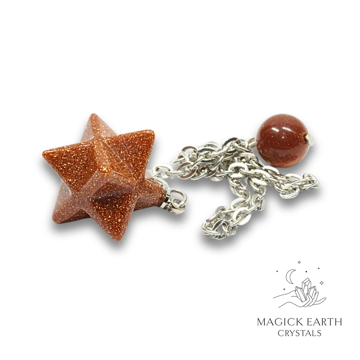 Natural Goldstone merkaba crystal pendulum view a