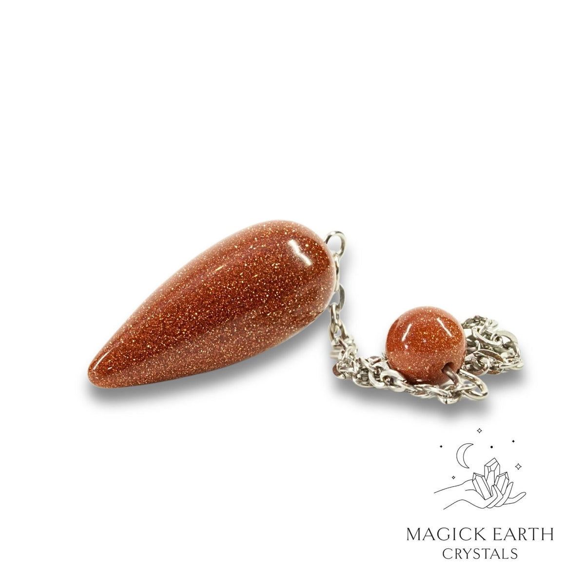 Natural Goldstone teardrop crystal pendulum view a