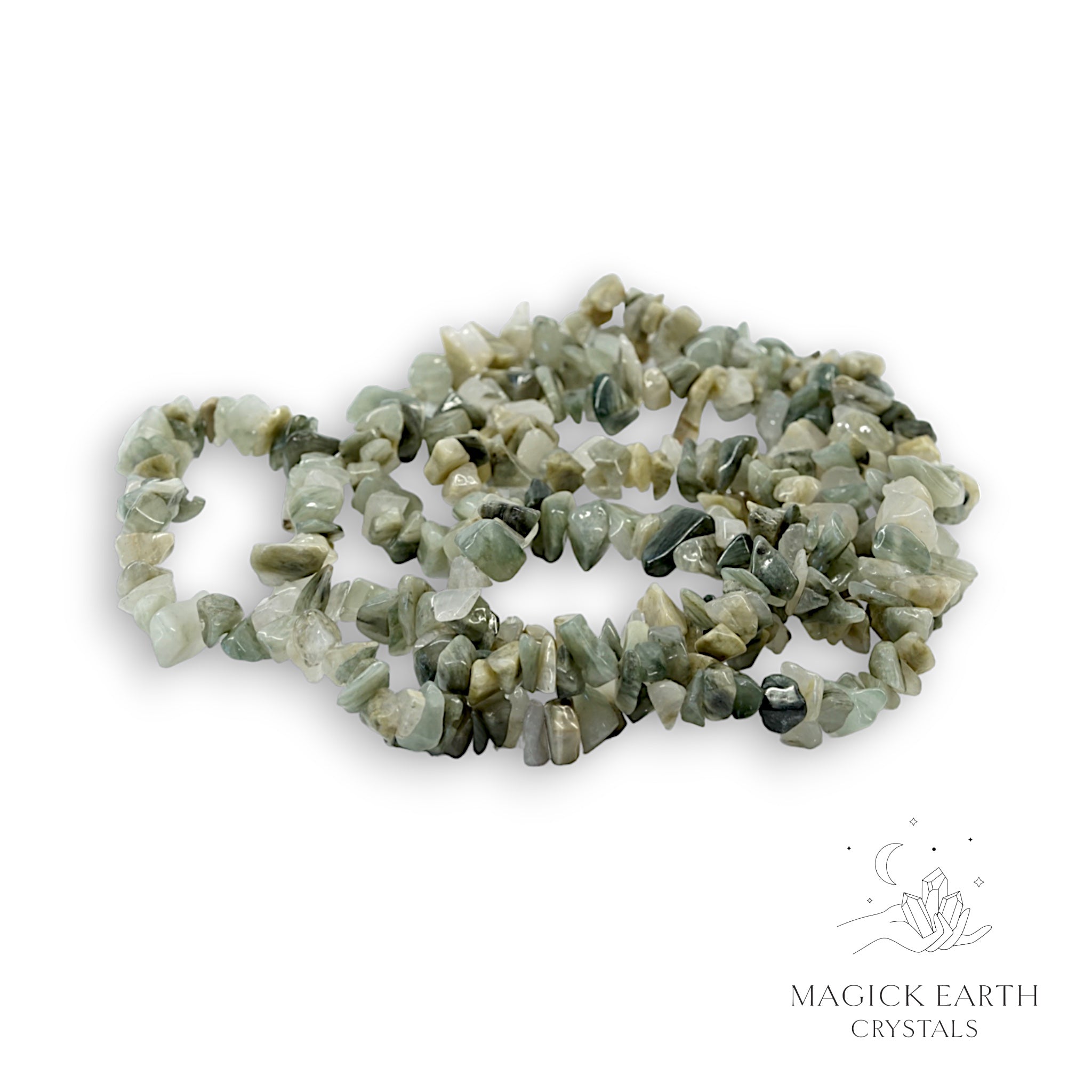 Natural Green Included Quartz drilled crystal chip strand, medium size chips