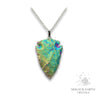 Electroplated Quartz Arrowhead pendant with Green Rainbow Colouring and Platinum Finish for Amplified Insight. Front View