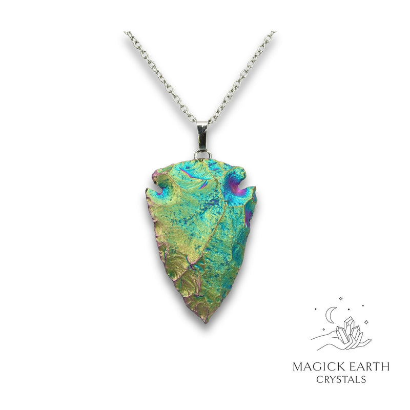 Electroplated Quartz Arrowhead pendant with Green Rainbow Colouring and Platinum Finish for Amplified Insight. Front View