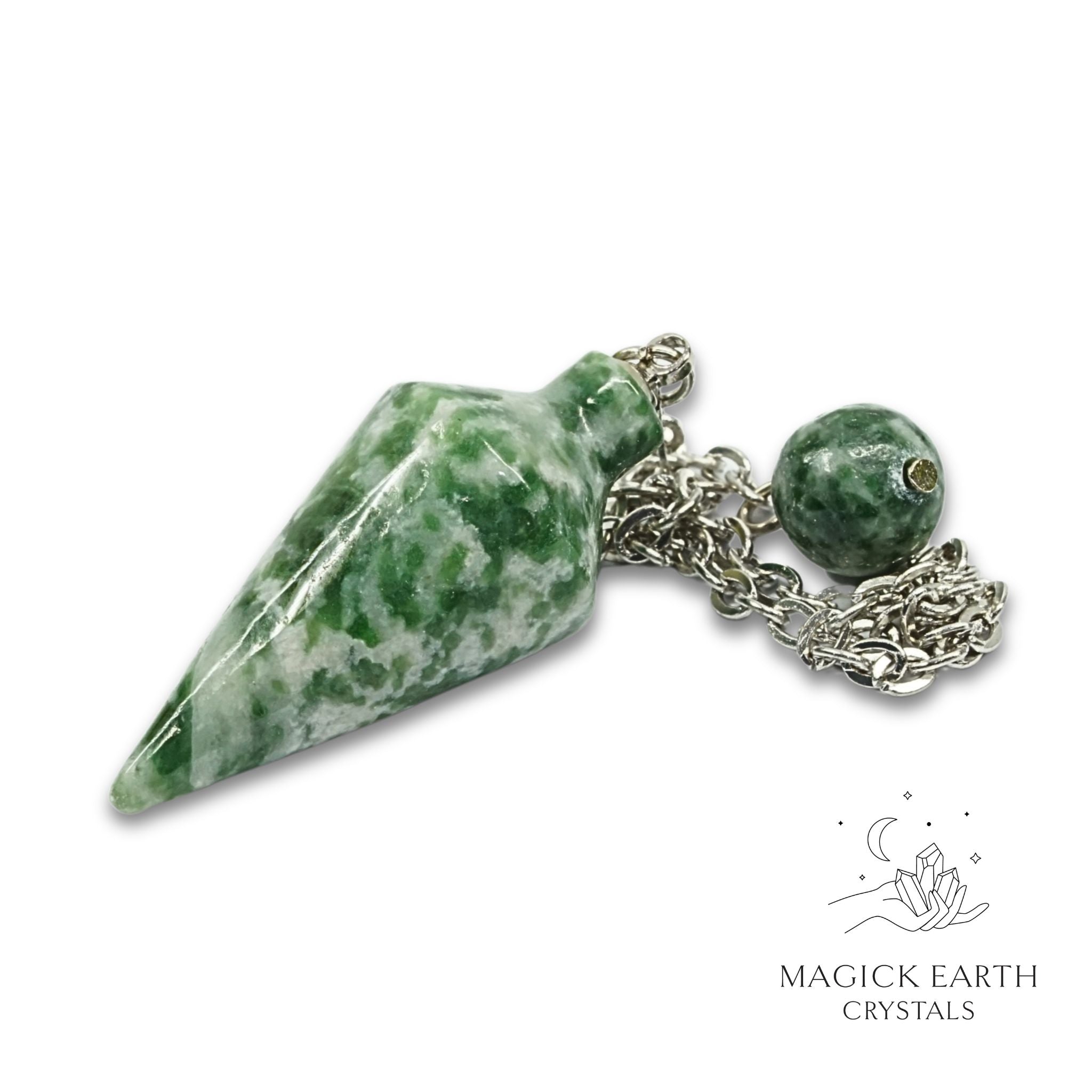 Natural Green Spot Jasper spire crystal pendulum view a