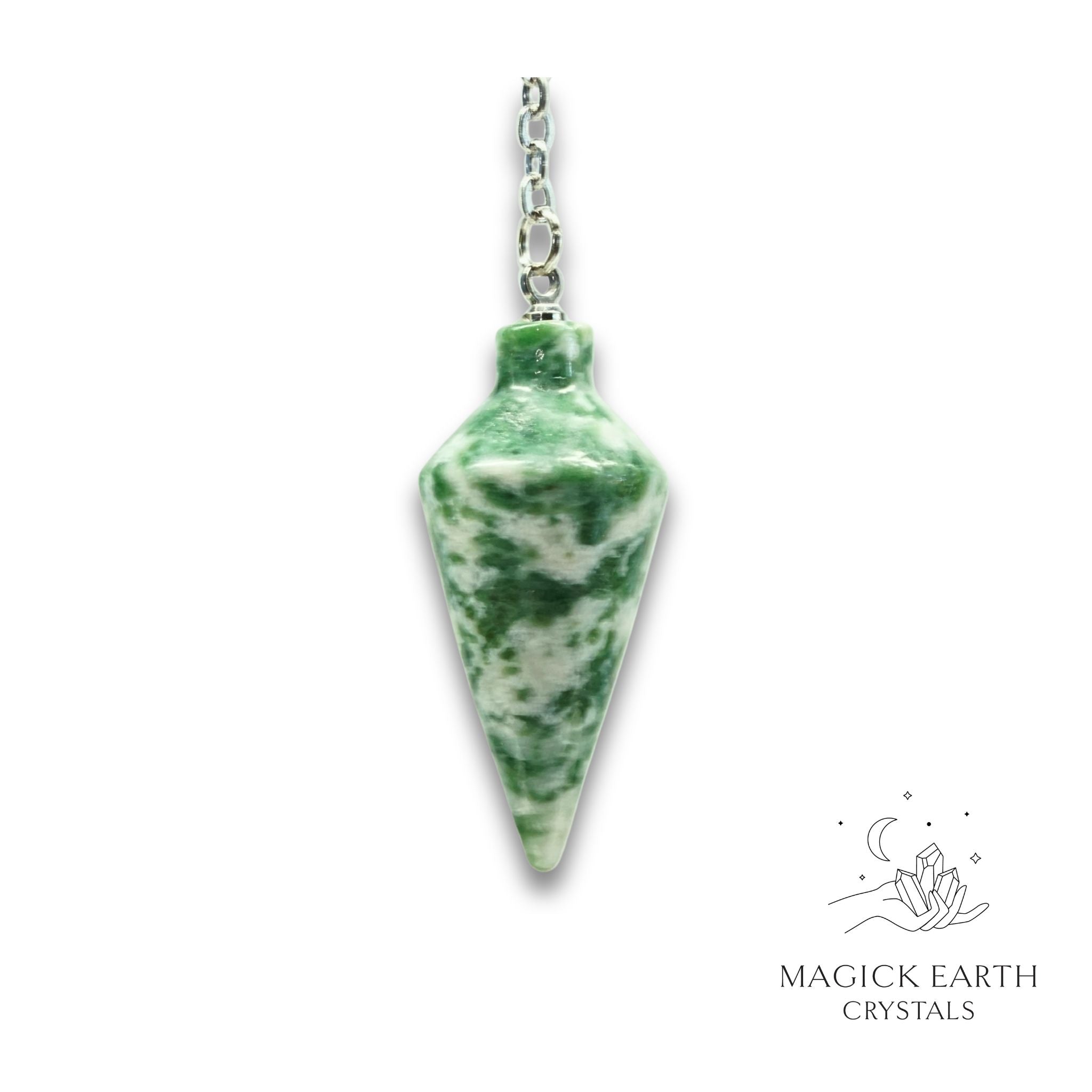 Natural Green Spot Jasper spire crystal pendulum view b