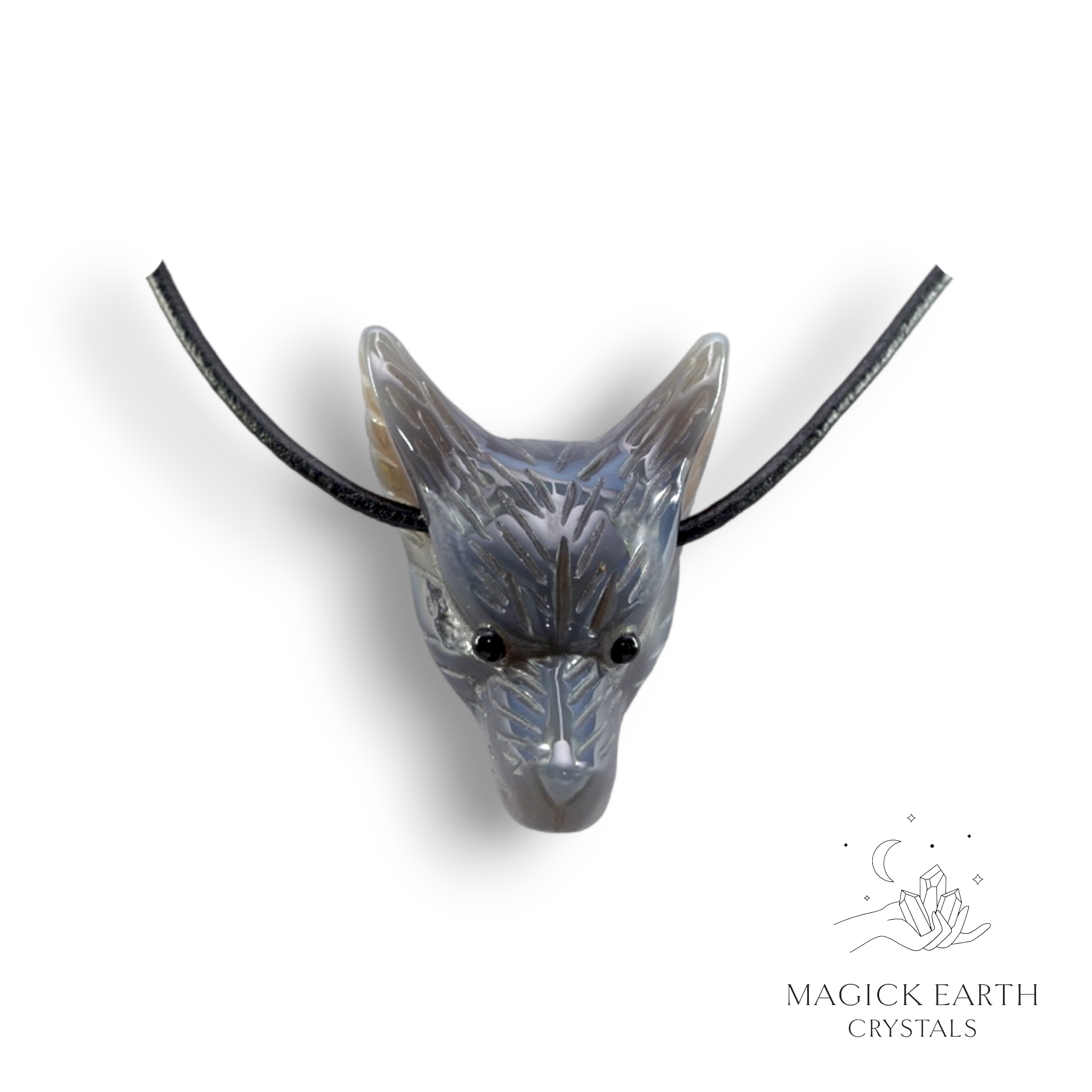 Natural Grey Agate crystal wolf head pendant with adjustable black leather cord