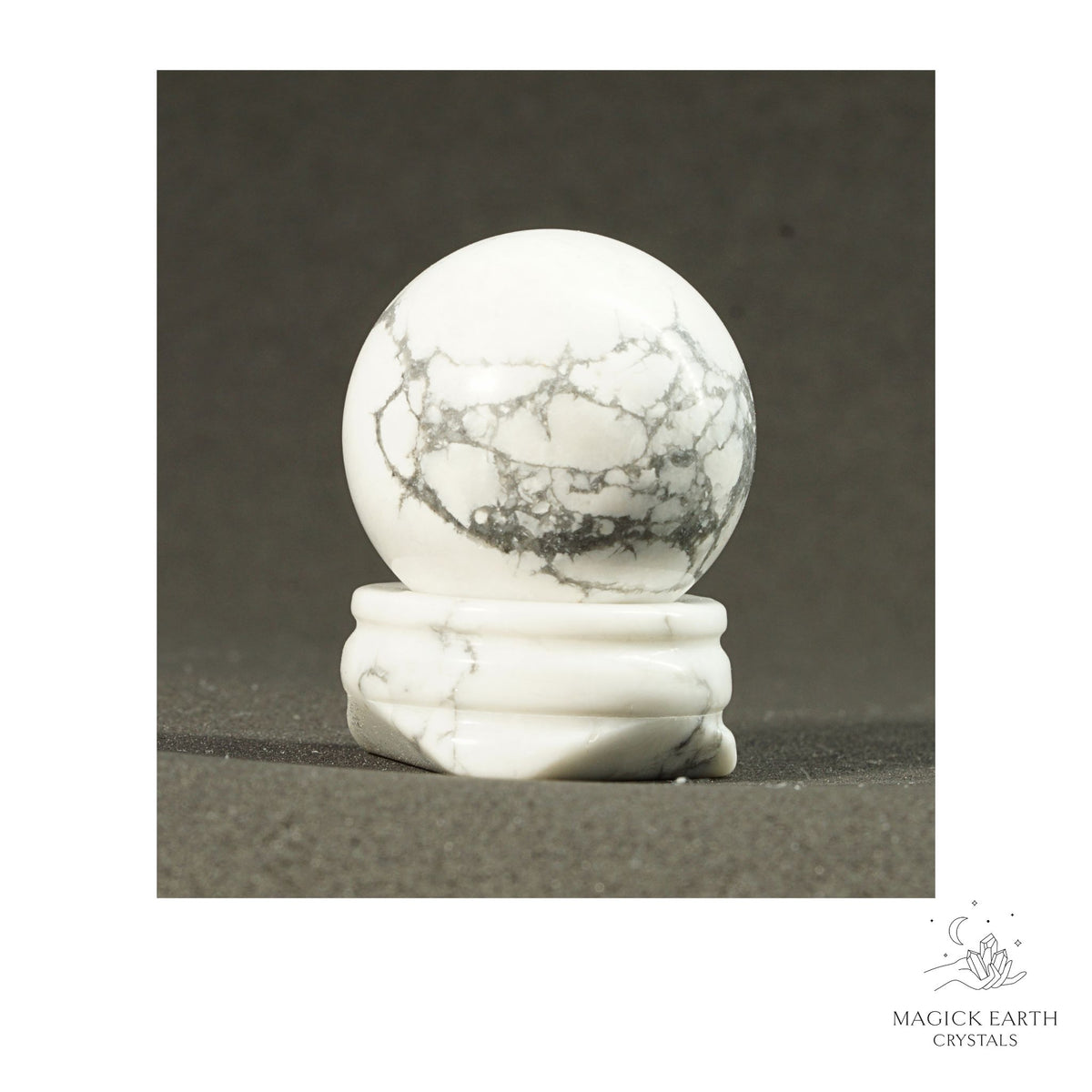 Natural Howlite crystal sphere with Howlite Stand view a