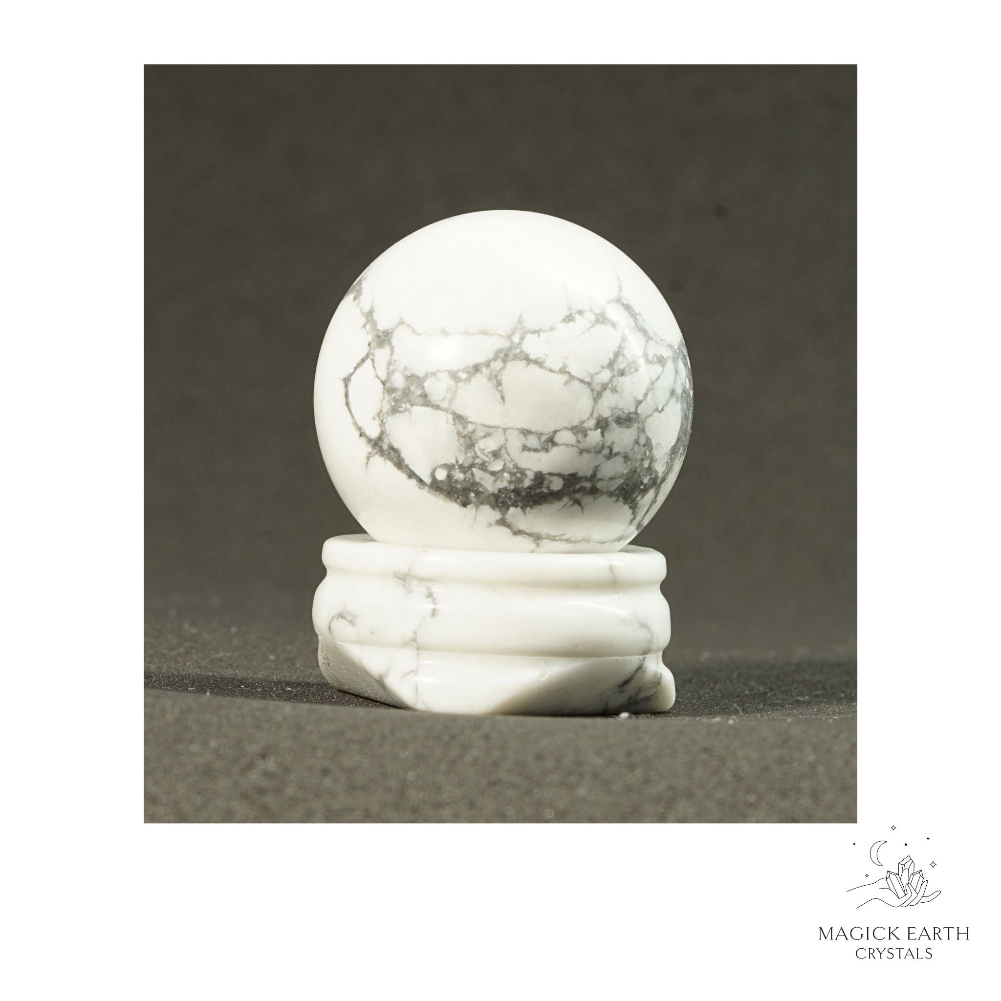 Natural Howlite crystal sphere with Howlite Stand view a