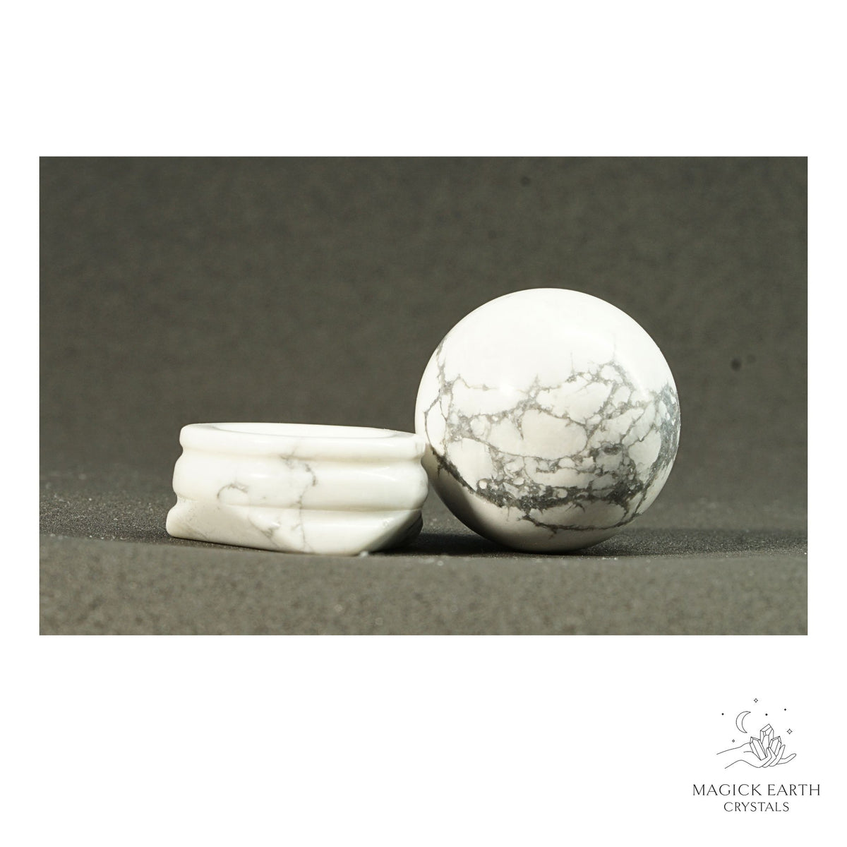 Natural Howlite crystal sphere with Howlite Stand view b