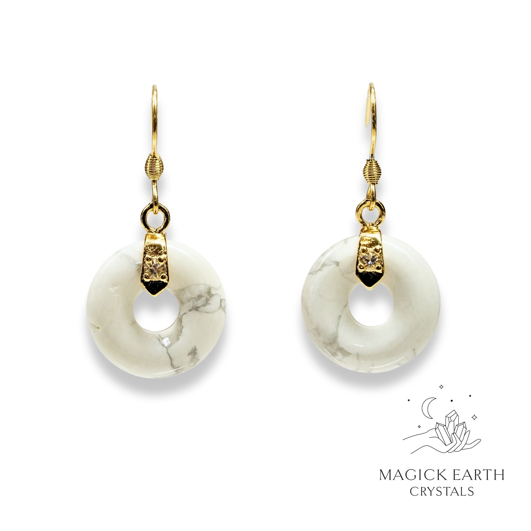 Howlite  Donut Pi Earrings With Gold Finish For Calm Communication