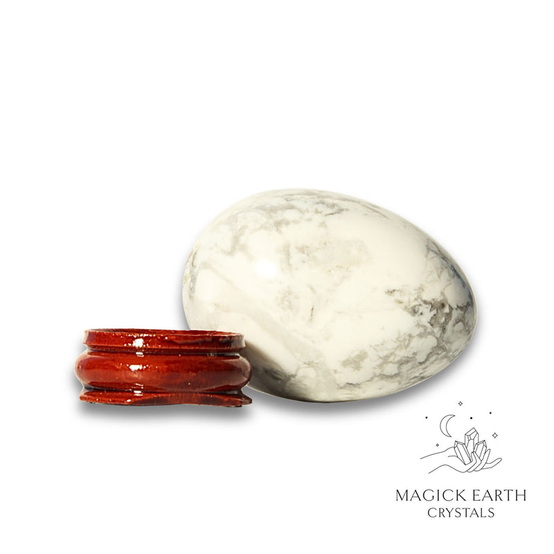 Howlite Crystal Egg with Wooden Stand Horizontal View for Calm Communication