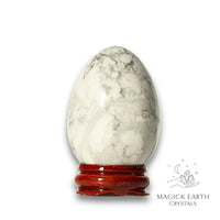Howlite Crystal Egg with Wooden Stand Vertical View A for Calm Communication
