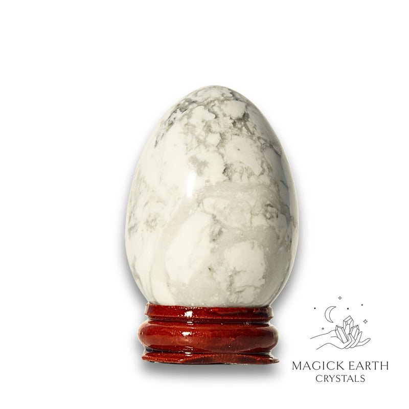 Howlite Crystal Egg with Wooden Stand Vertical View A for Calm Communication