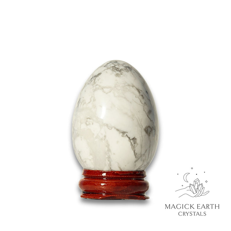 Howlite Crystal Egg with Wooden Stand Vertical View B for Calm Communication