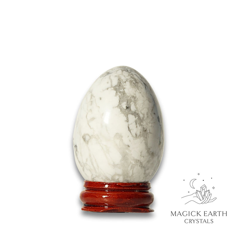 Howlite Crystal Egg with Wooden Stand Vertical View C for Calm Communication