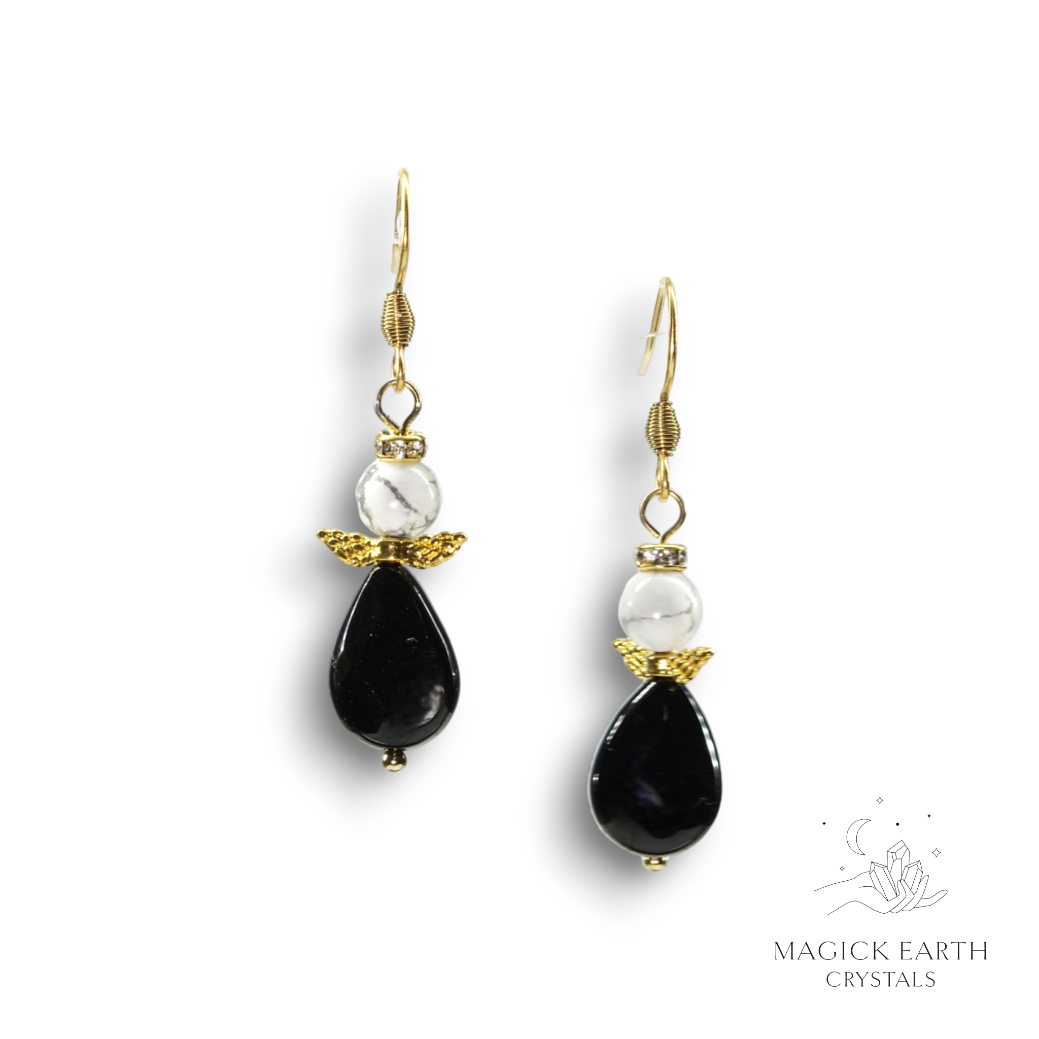 Natural Howlite and Onyx guardian angel crystal earrings view a